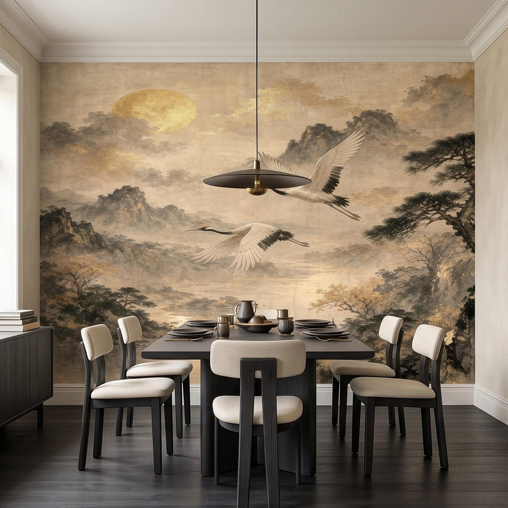 Flying Cranes Peel and Stick Wall Mural, Vintage Oriental Landscape Mountain Pagoda Scenery Traditional Asian Wallpaper