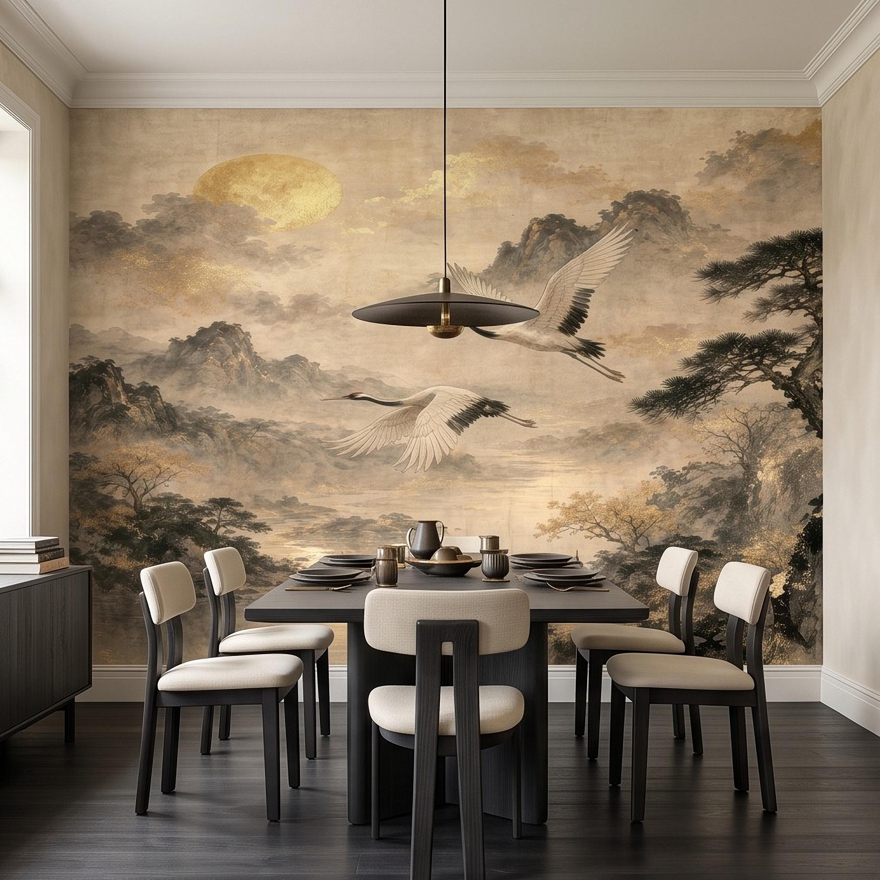 Flying Cranes Peel and Stick Wall Mural, Vintage Oriental Landscape Mountain Pagoda Scenery Traditional Asian Wallpaper