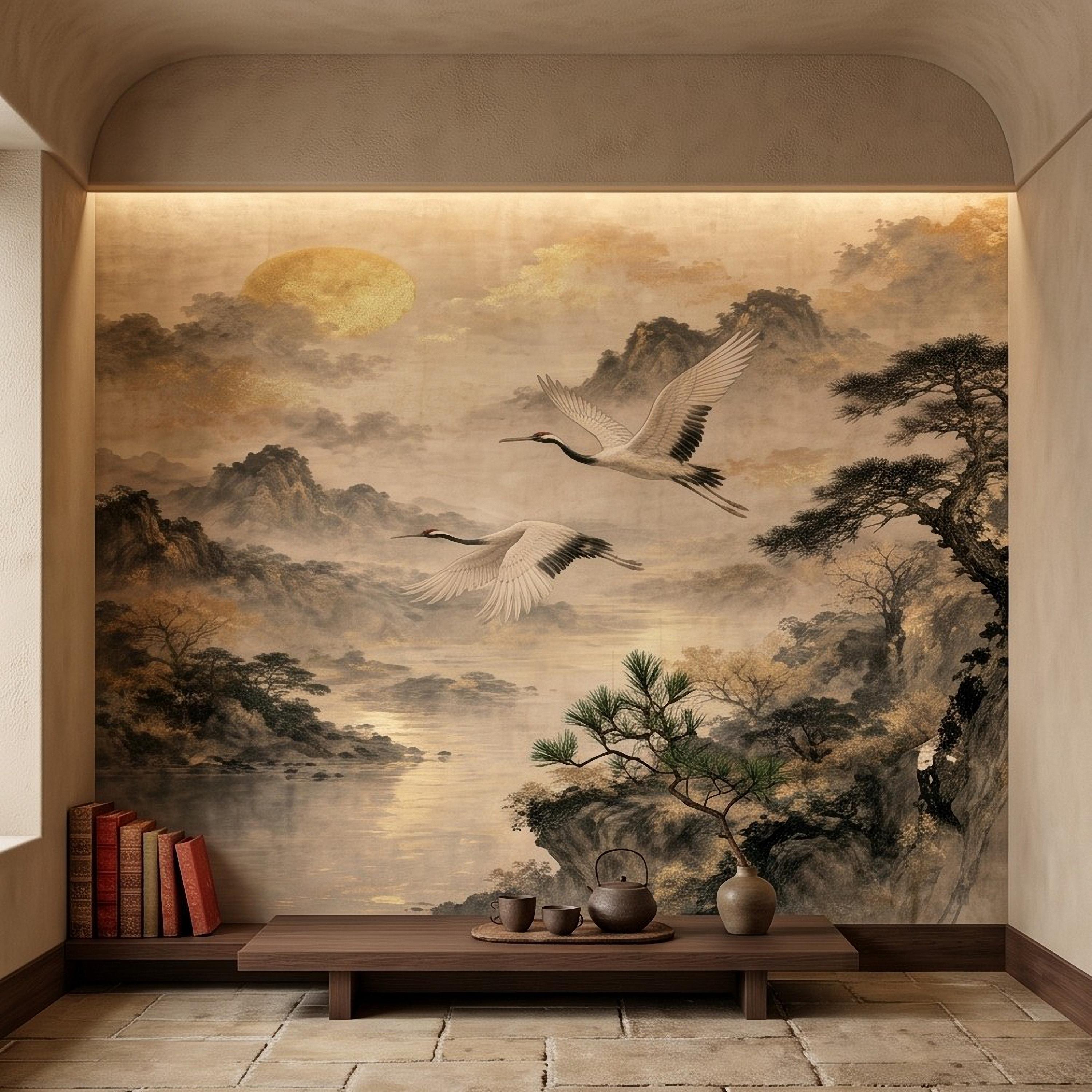 Flying Cranes Peel and Stick Wall Mural, Vintage Oriental Landscape Mountain Pagoda Scenery Traditional Asian Wallpaper