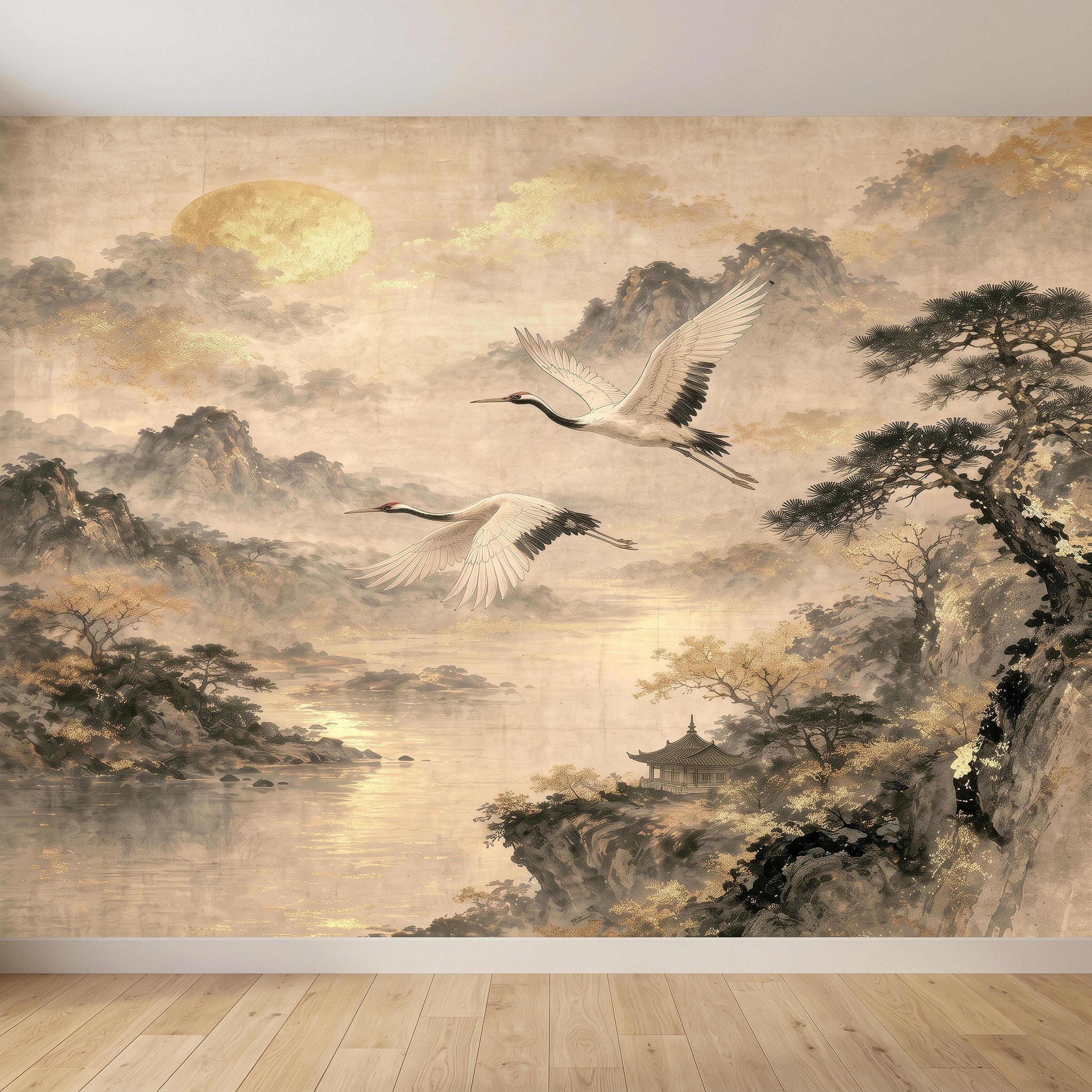 Flying Cranes Peel and Stick Wall Mural, Vintage Oriental Landscape Mountain Pagoda Scenery Traditional Asian Wallpaper