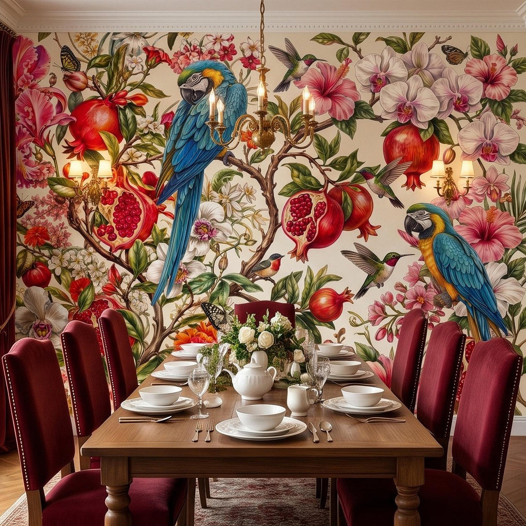 Blue Macaw Peel and Stick Wall Mural, Pomegranate Orchids Hibiscus Hummingbirds Botanical Floral Tropical Garden Wallpaper