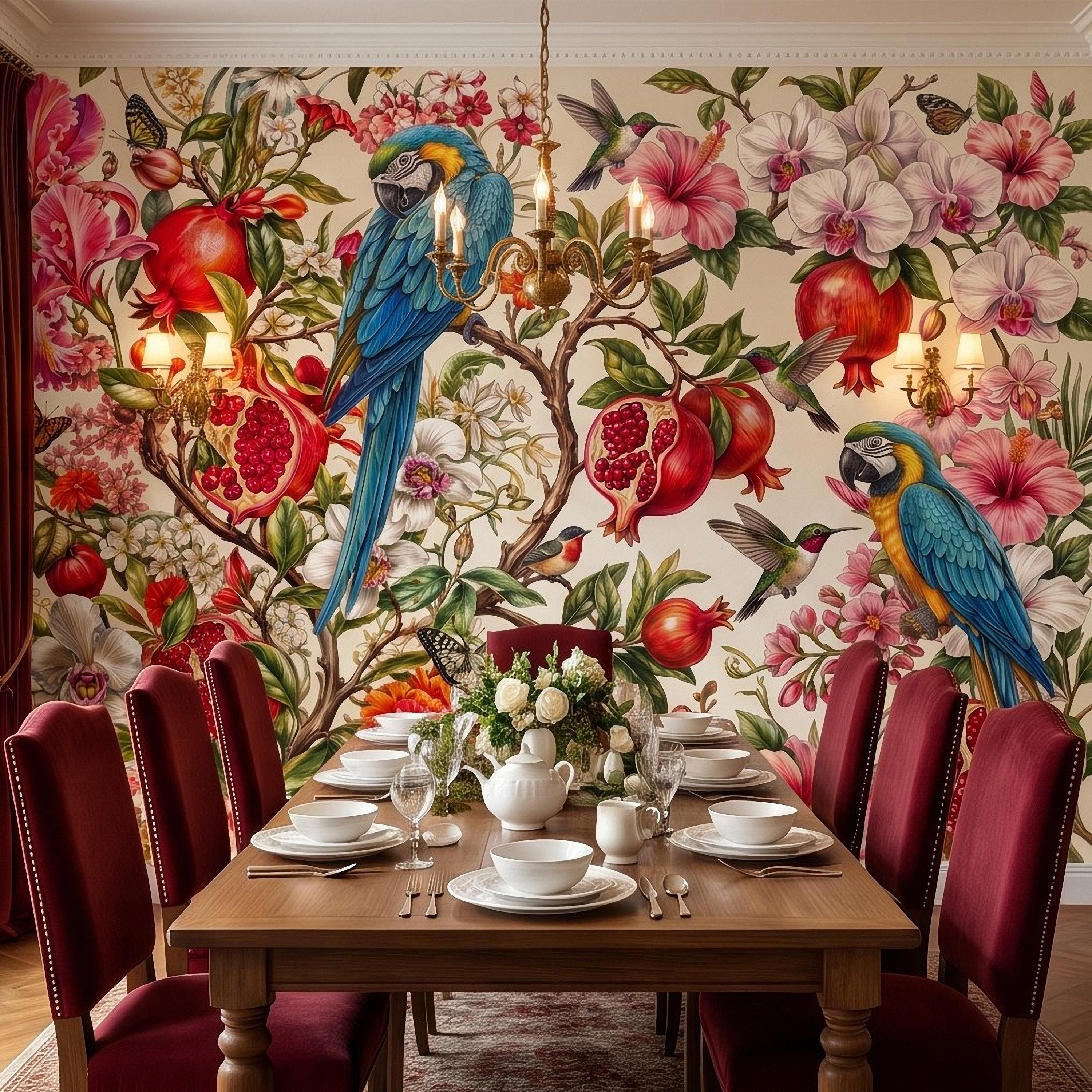 Blue Macaw Peel and Stick Wall Mural, Pomegranate Orchids Hibiscus Hummingbirds Botanical Floral Tropical Garden Wallpaper
