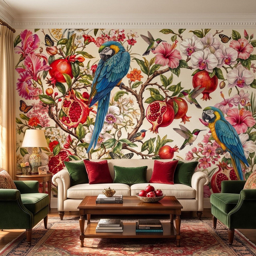 Blue Macaw Peel and Stick Wall Mural, Pomegranate Orchids Hibiscus Hummingbirds Botanical Floral Tropical Garden Wallpaper