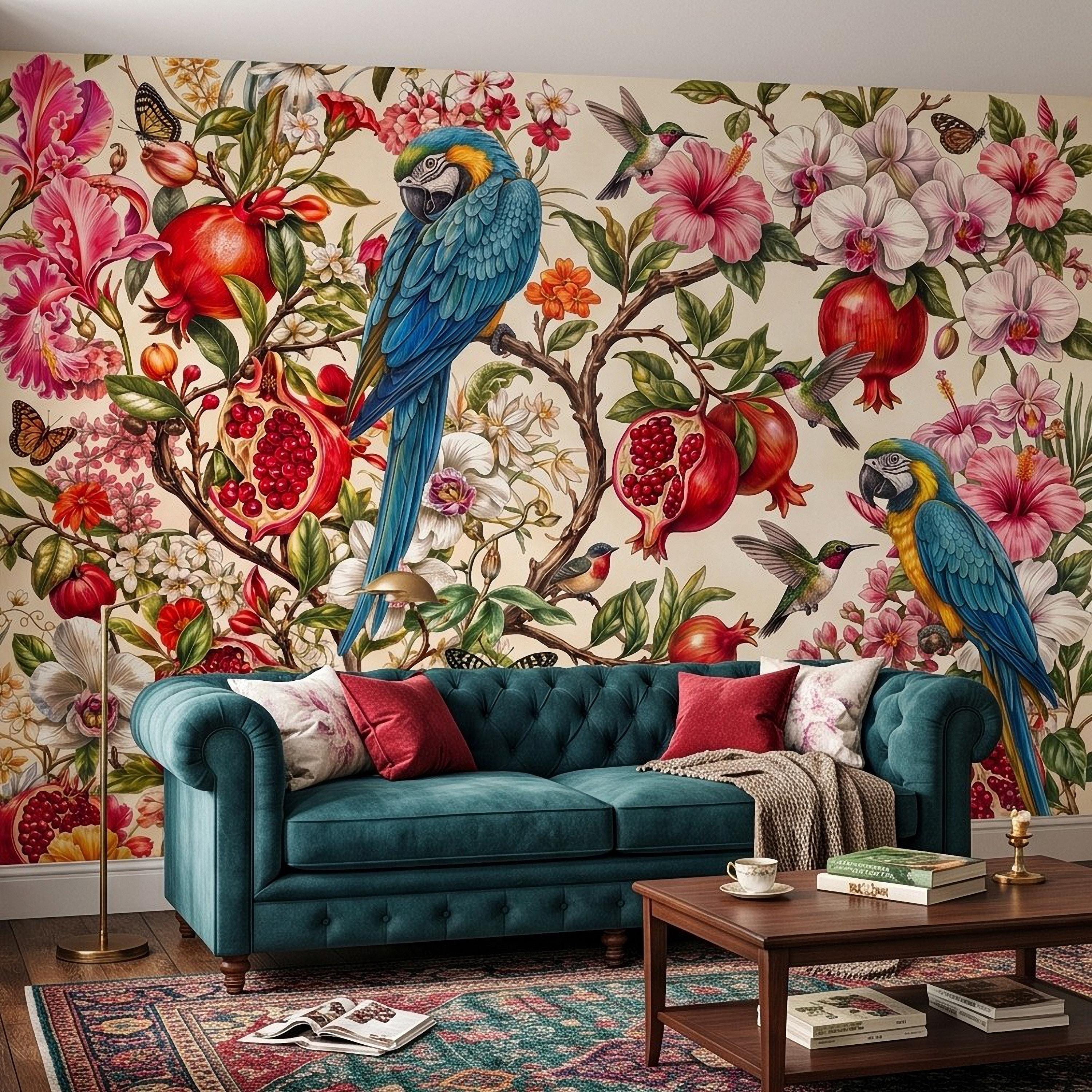 Blue Macaw Peel and Stick Wall Mural, Pomegranate Orchids Hibiscus Hummingbirds Botanical Floral Tropical Garden Wallpaper