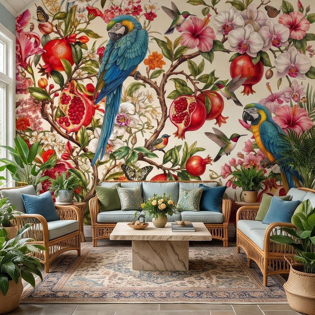 Blue Macaw Peel and Stick Wall Mural, Pomegranate Orchids Hibiscus Hummingbirds Botanical Floral Tropical Garden Wallpaper