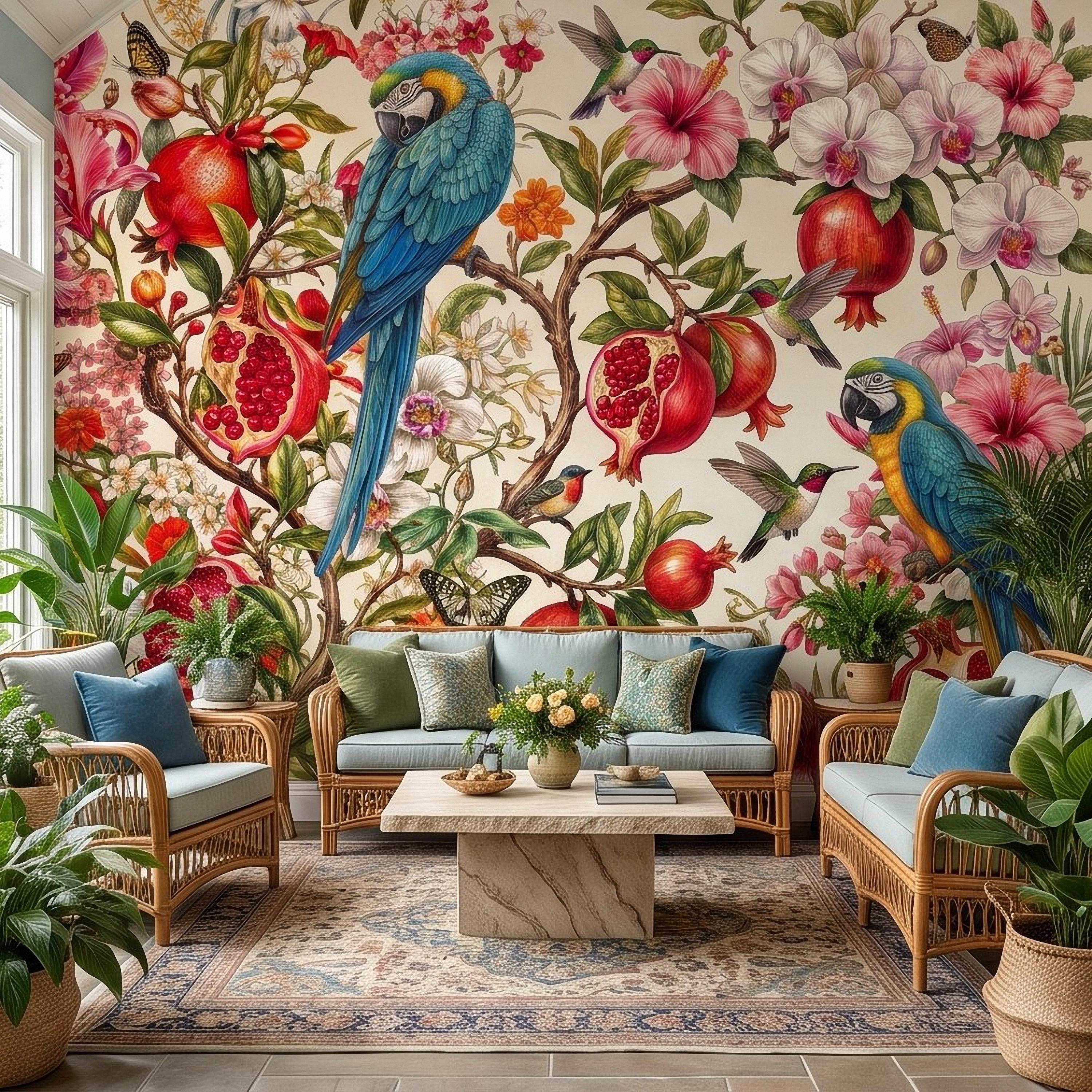 Blue Macaw Peel and Stick Wall Mural, Pomegranate Orchids Hibiscus Hummingbirds Botanical Floral Tropical Garden Wallpaper