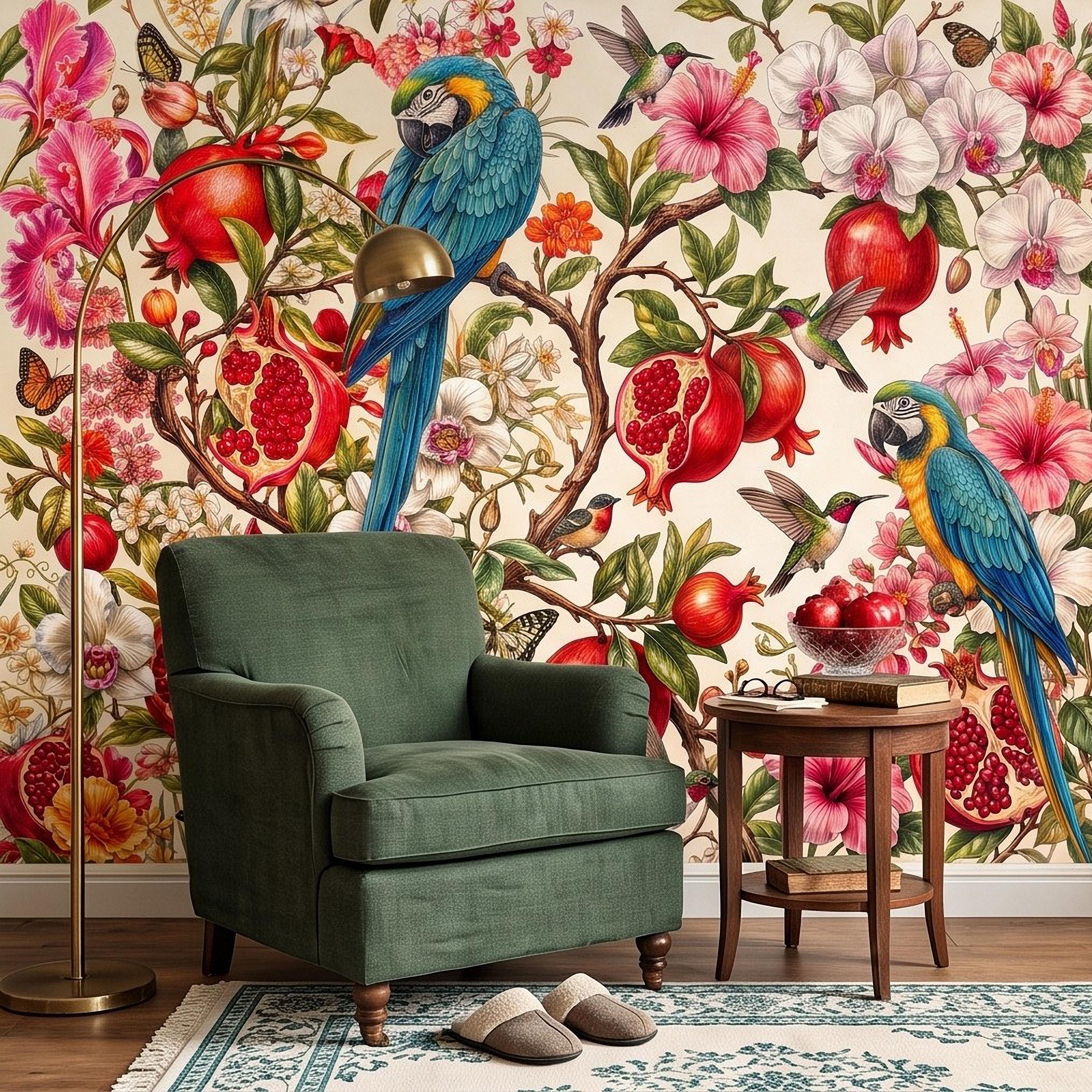 Blue Macaw Peel and Stick Wall Mural, Pomegranate Orchids Hibiscus Hummingbirds Botanical Floral Tropical Garden Wallpaper