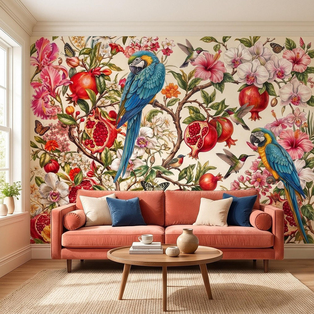Blue Macaw Peel and Stick Wall Mural, Pomegranate Orchids Hibiscus Hummingbirds Botanical Floral Tropical Garden Wallpaper