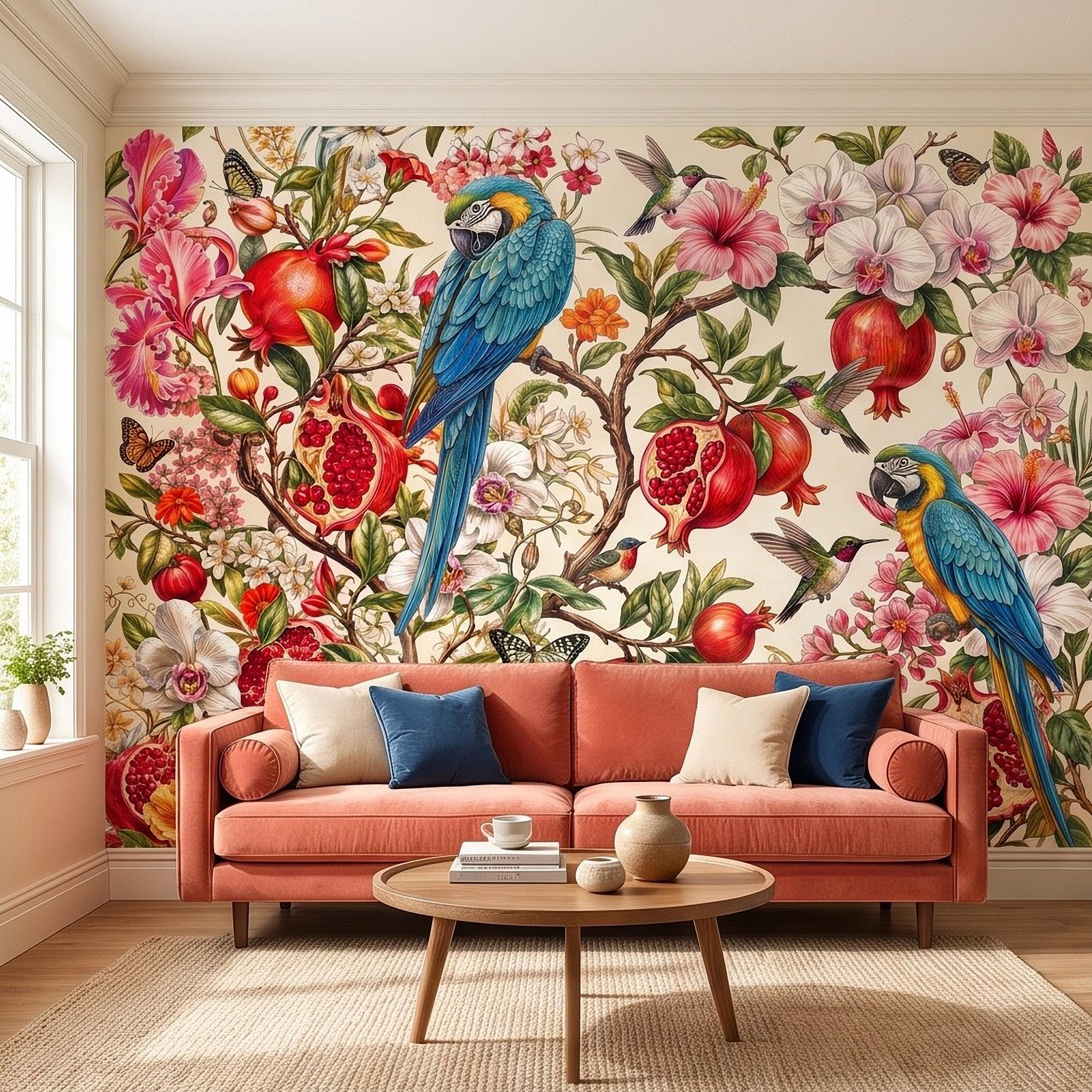 Blue Macaw Peel and Stick Wall Mural, Pomegranate Orchids Hibiscus Hummingbirds Botanical Floral Tropical Garden Wallpaper