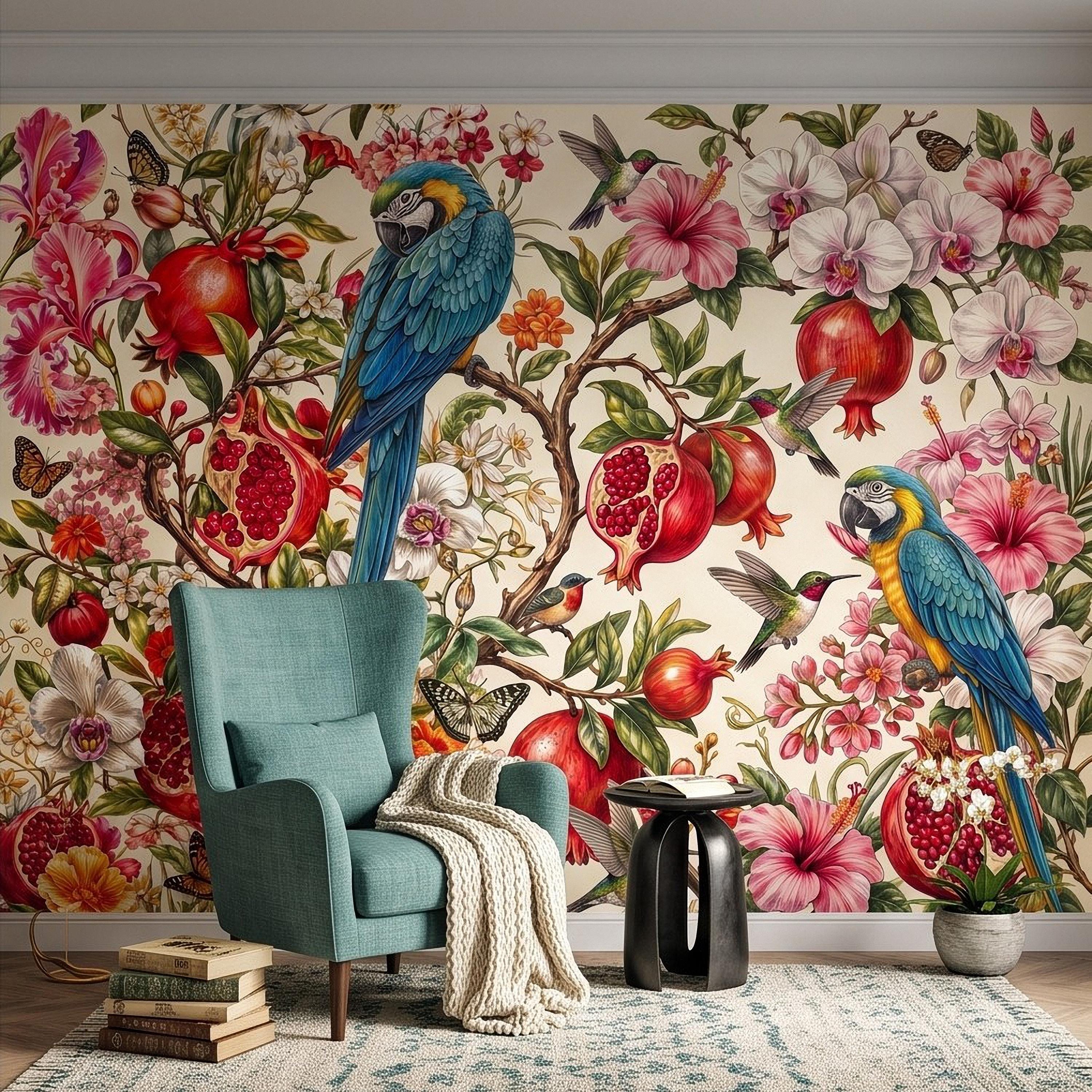 Blue Macaw Peel and Stick Wall Mural, Pomegranate Orchids Hibiscus Hummingbirds Botanical Floral Tropical Garden Wallpaper