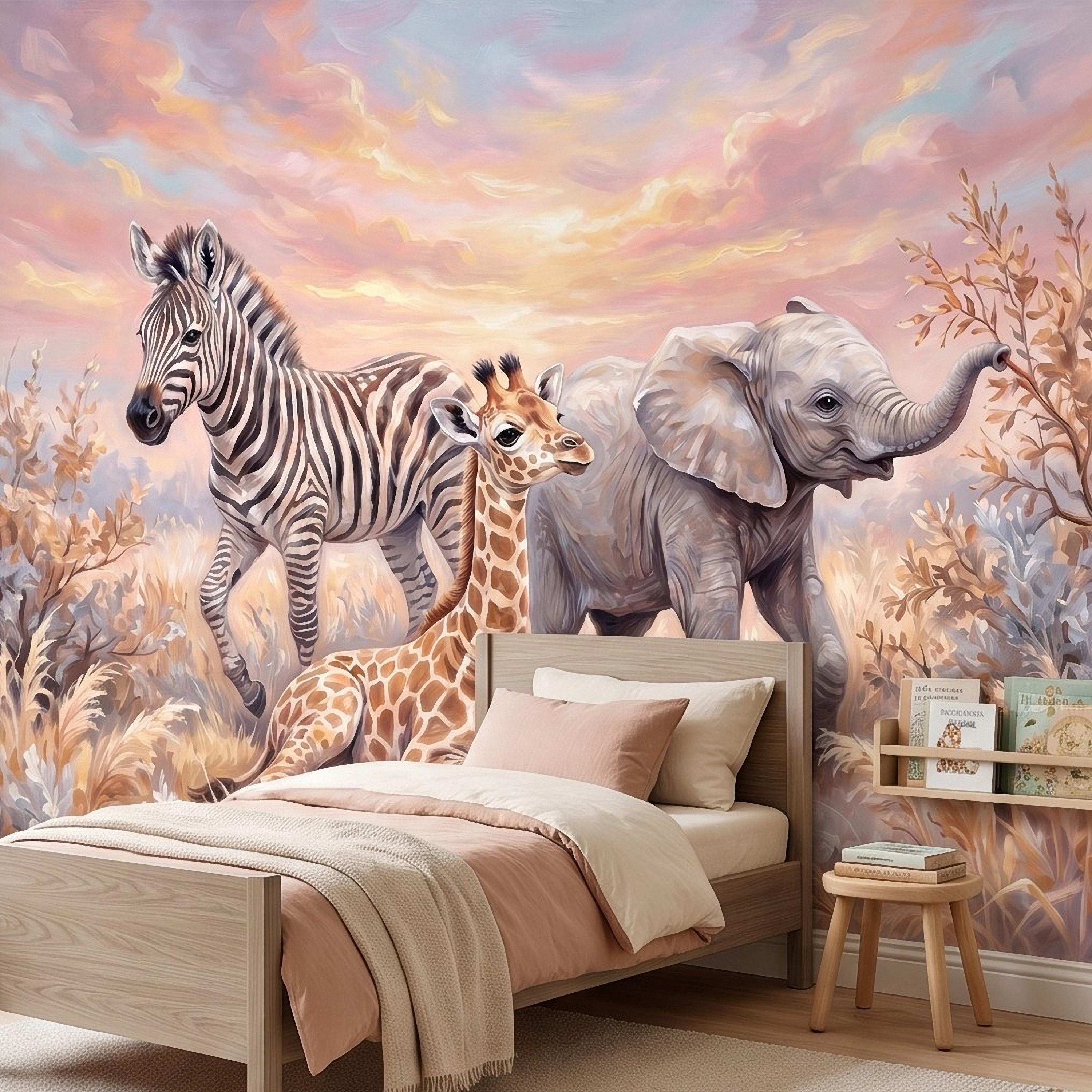 Safari Animals Peel and Stick Wall Mural, Baby Giraffe Zebra and Elephant Neutral Nursery Wallpaper