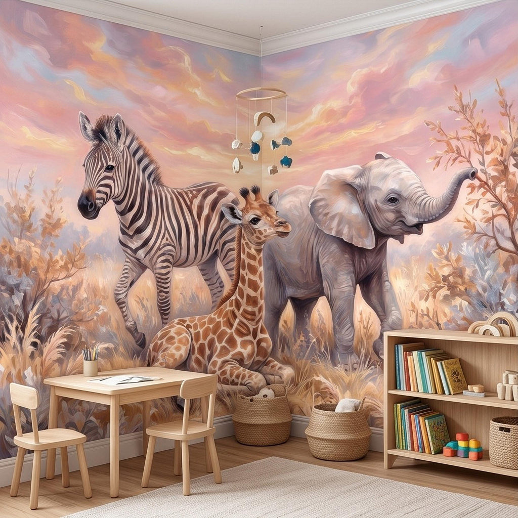 Safari Animals Peel and Stick Wall Mural, Baby Giraffe Zebra and Elephant Neutral Nursery Wallpaper