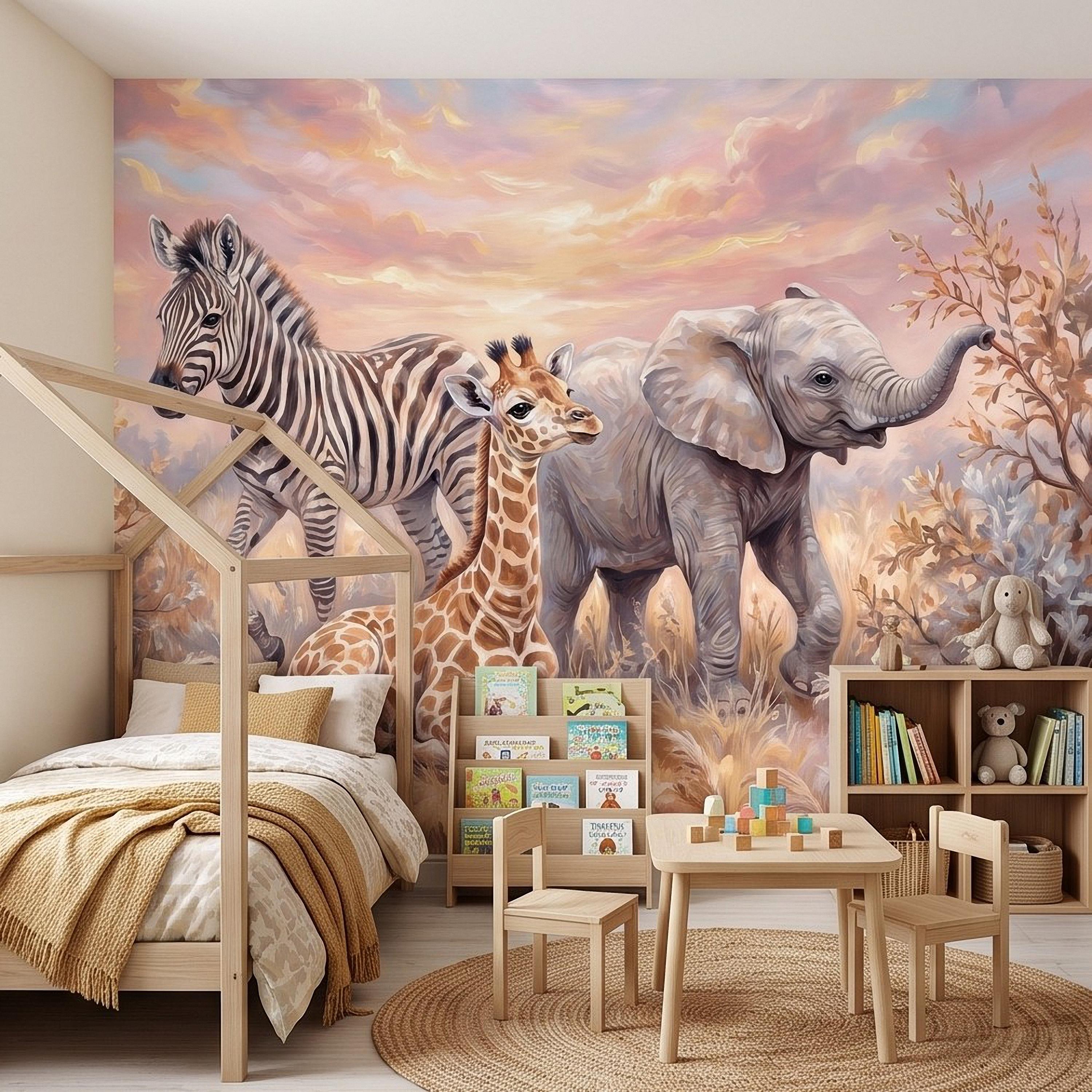 Safari Animals Peel and Stick Wall Mural, Baby Giraffe Zebra and Elephant Neutral Nursery Wallpaper