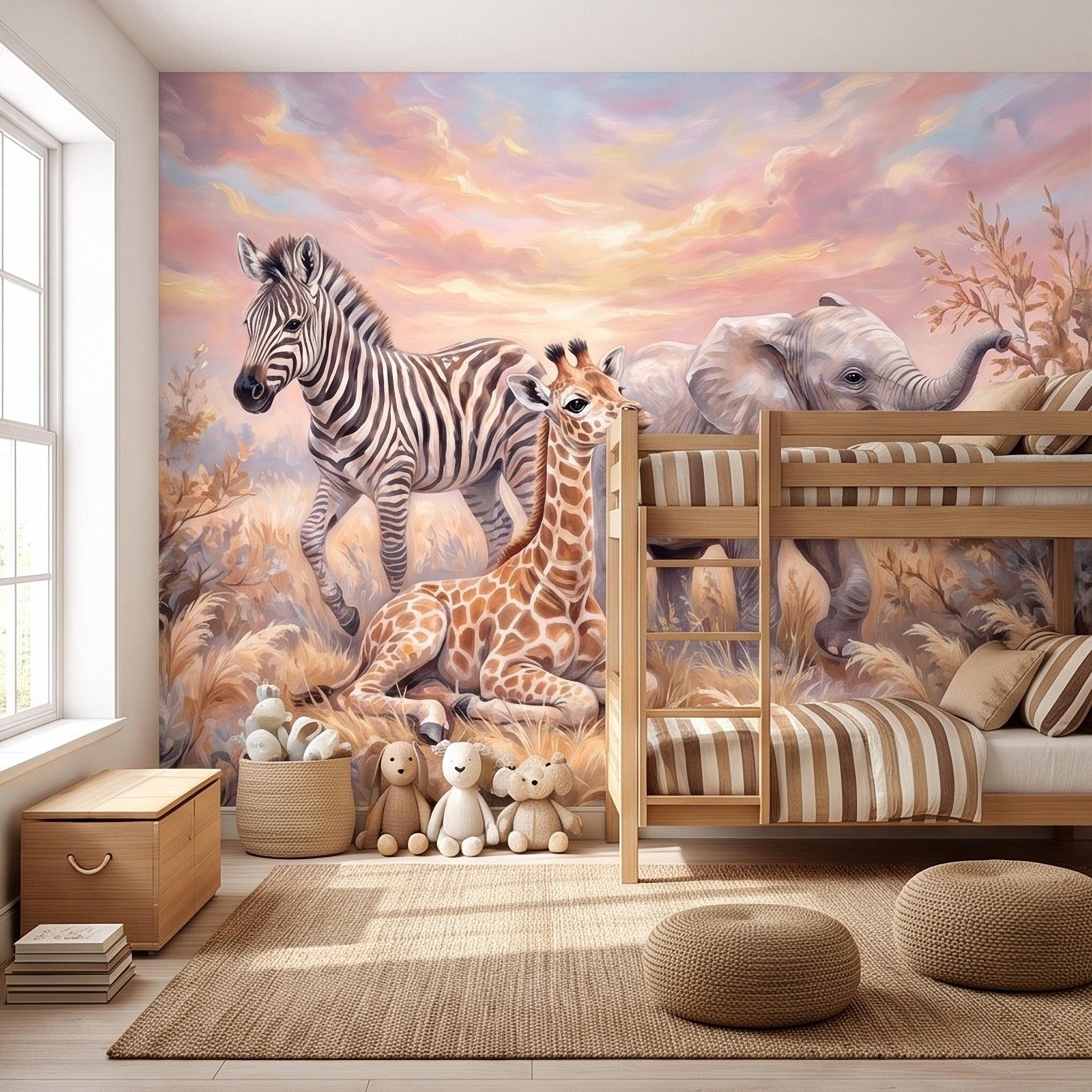 Safari Animals Peel and Stick Wall Mural, Baby Giraffe Zebra and Elephant Neutral Nursery Wallpaper