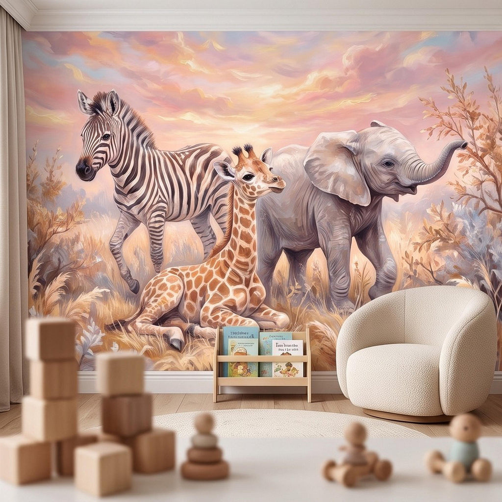 Safari Animals Peel and Stick Wall Mural, Baby Giraffe Zebra and Elephant Neutral Nursery Wallpaper