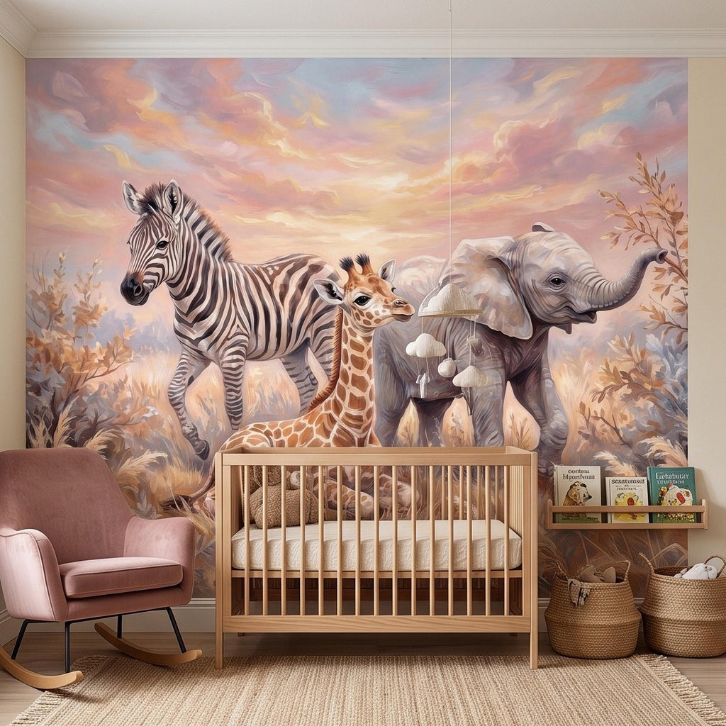 Safari Animals Peel and Stick Wall Mural, Baby Giraffe Zebra and Elephant Neutral Nursery Wallpaper