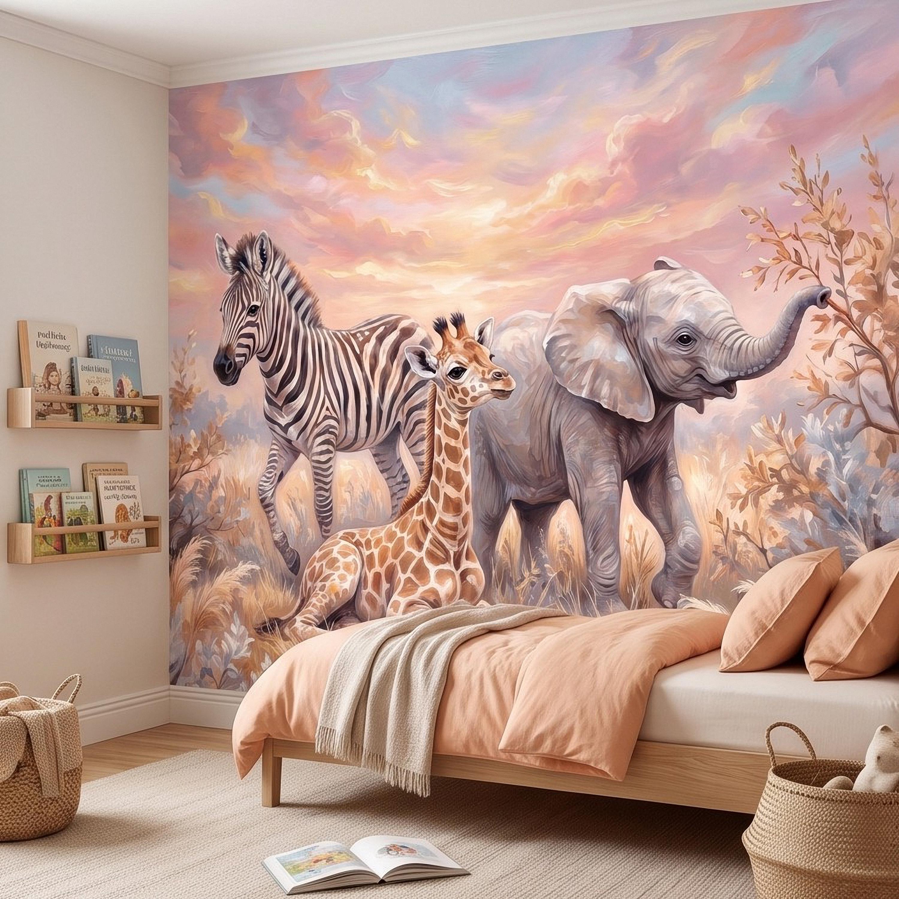 Safari Animals Peel and Stick Wall Mural, Baby Giraffe Zebra and Elephant Neutral Nursery Wallpaper