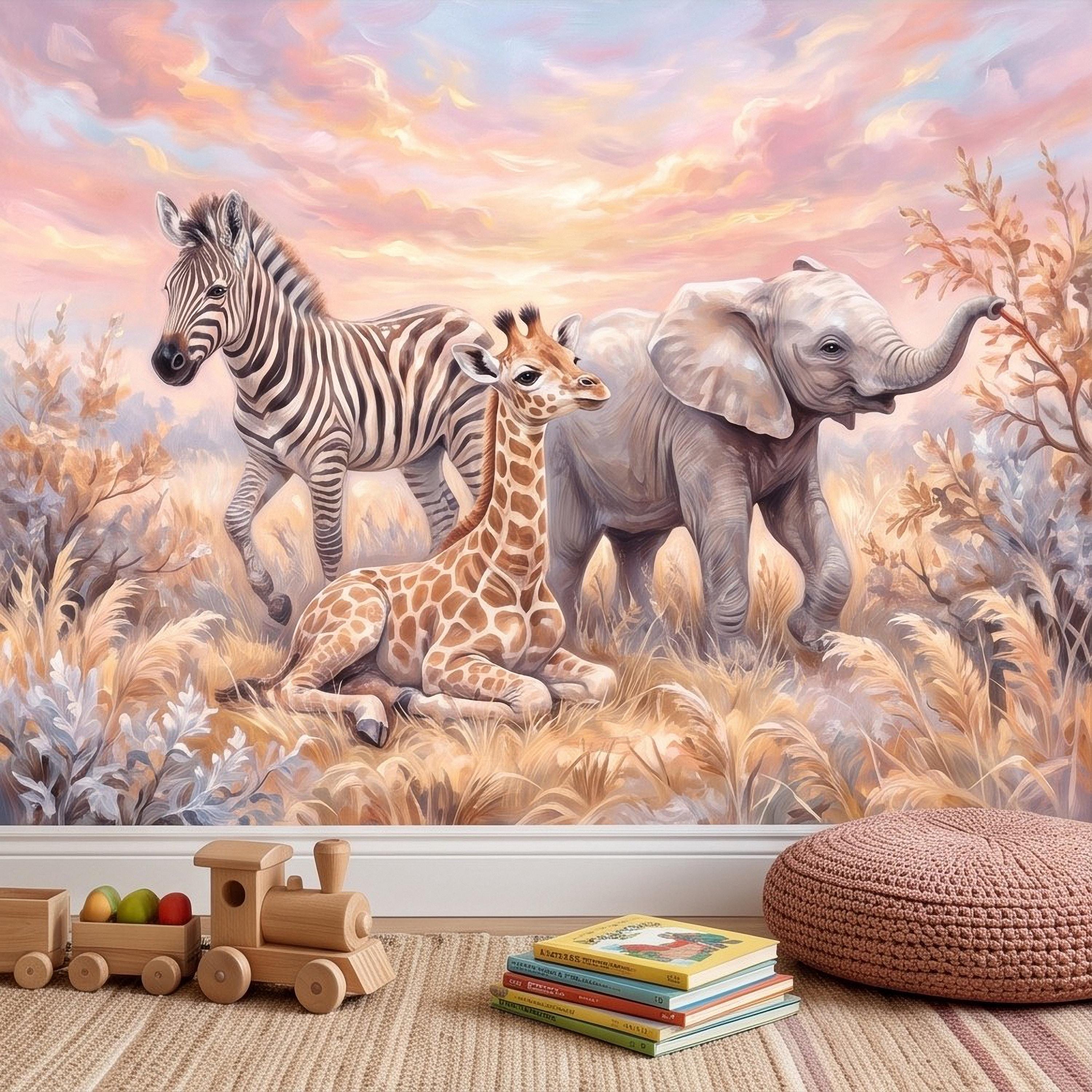 Safari Animals Peel and Stick Wall Mural, Baby Giraffe Zebra and Elephant Neutral Nursery Wallpaper