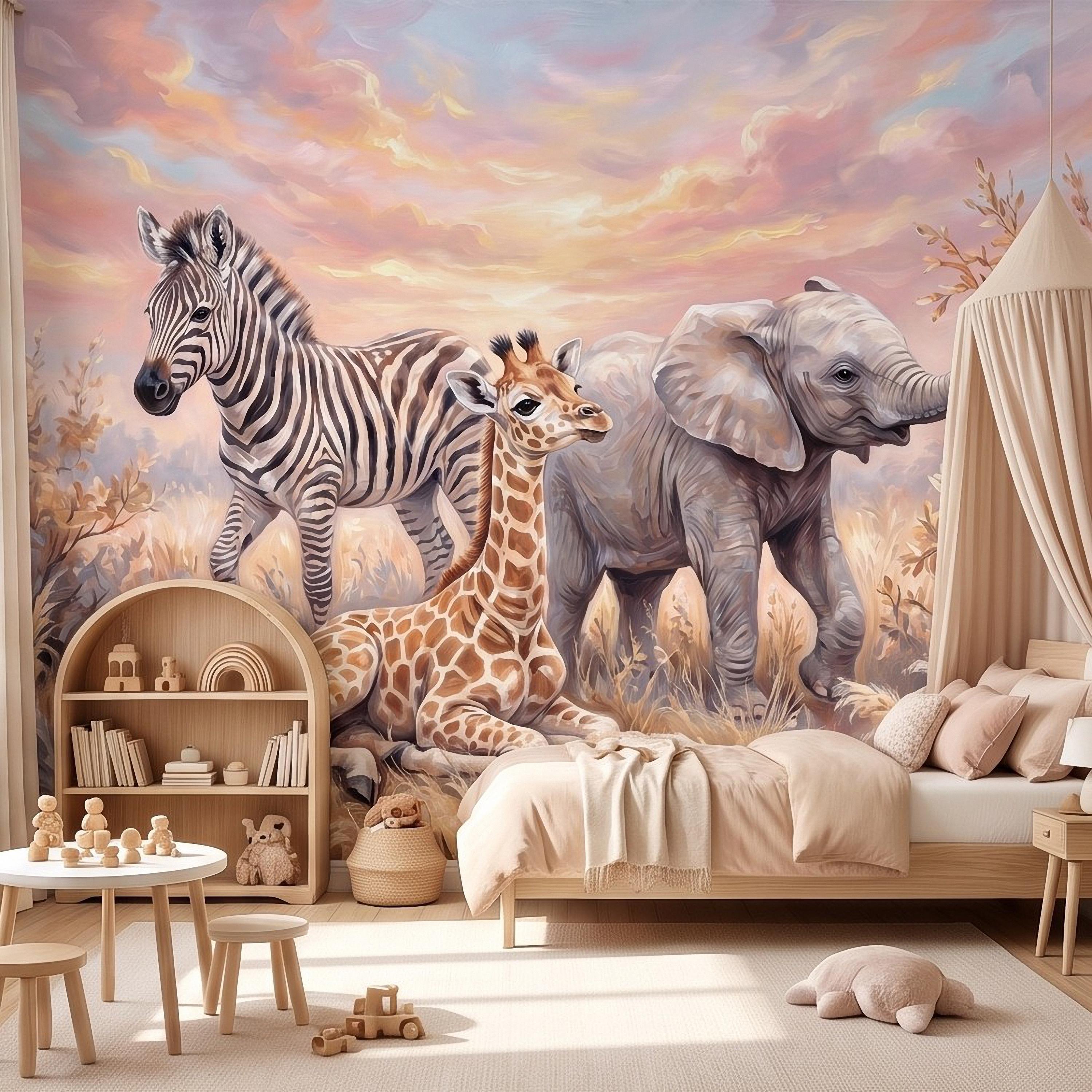 Safari Animals Peel and Stick Wall Mural, Baby Giraffe Zebra and Elephant Neutral Nursery Wallpaper