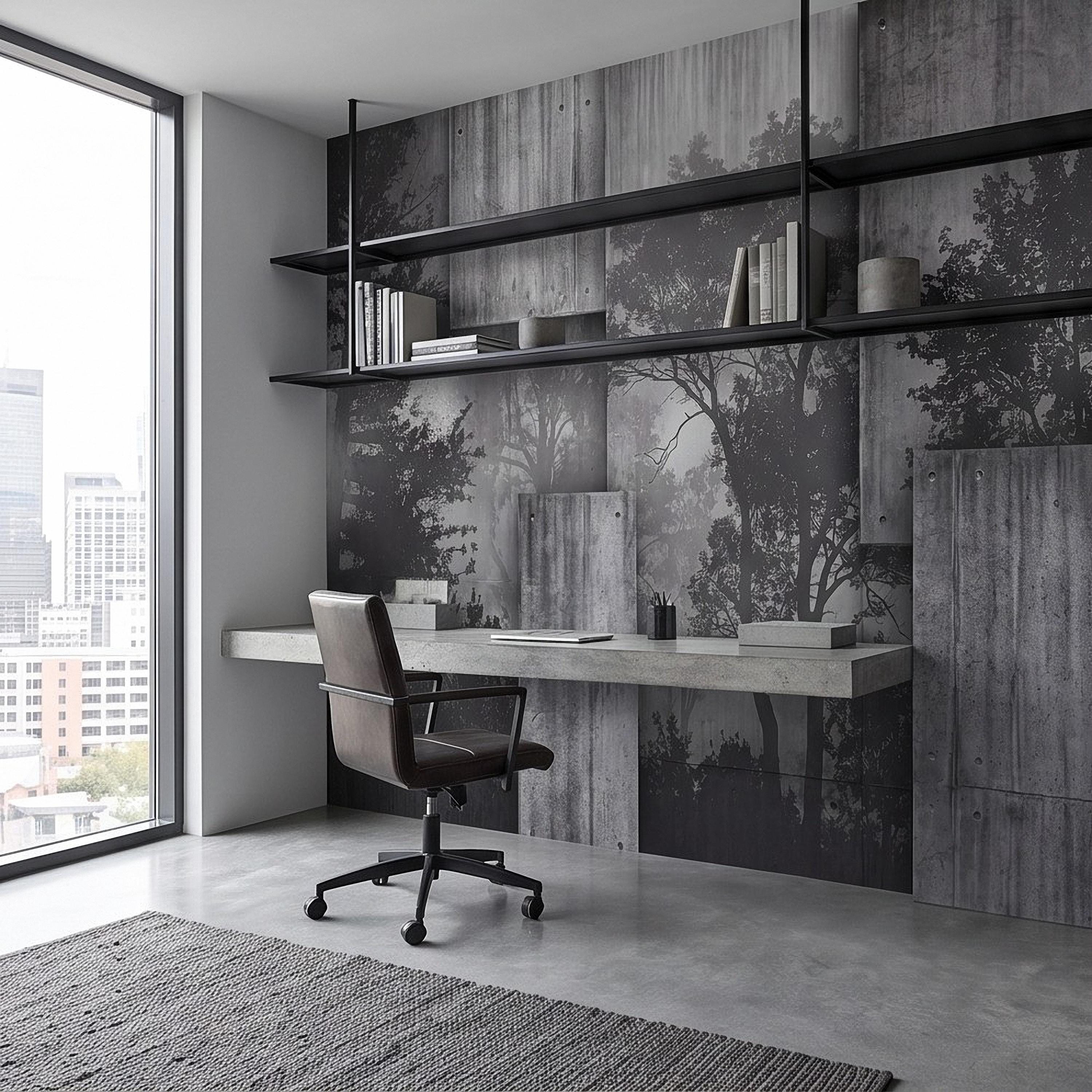 Industrial Concrete Peel and Stick Wall Mural, Layered Concrete Panels, Forest Silhouette, Modern Urban Wallpaper