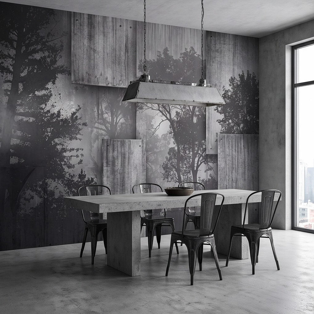 Industrial Concrete Peel and Stick Wall Mural, Layered Concrete Panels, Forest Silhouette, Modern Urban Wallpaper