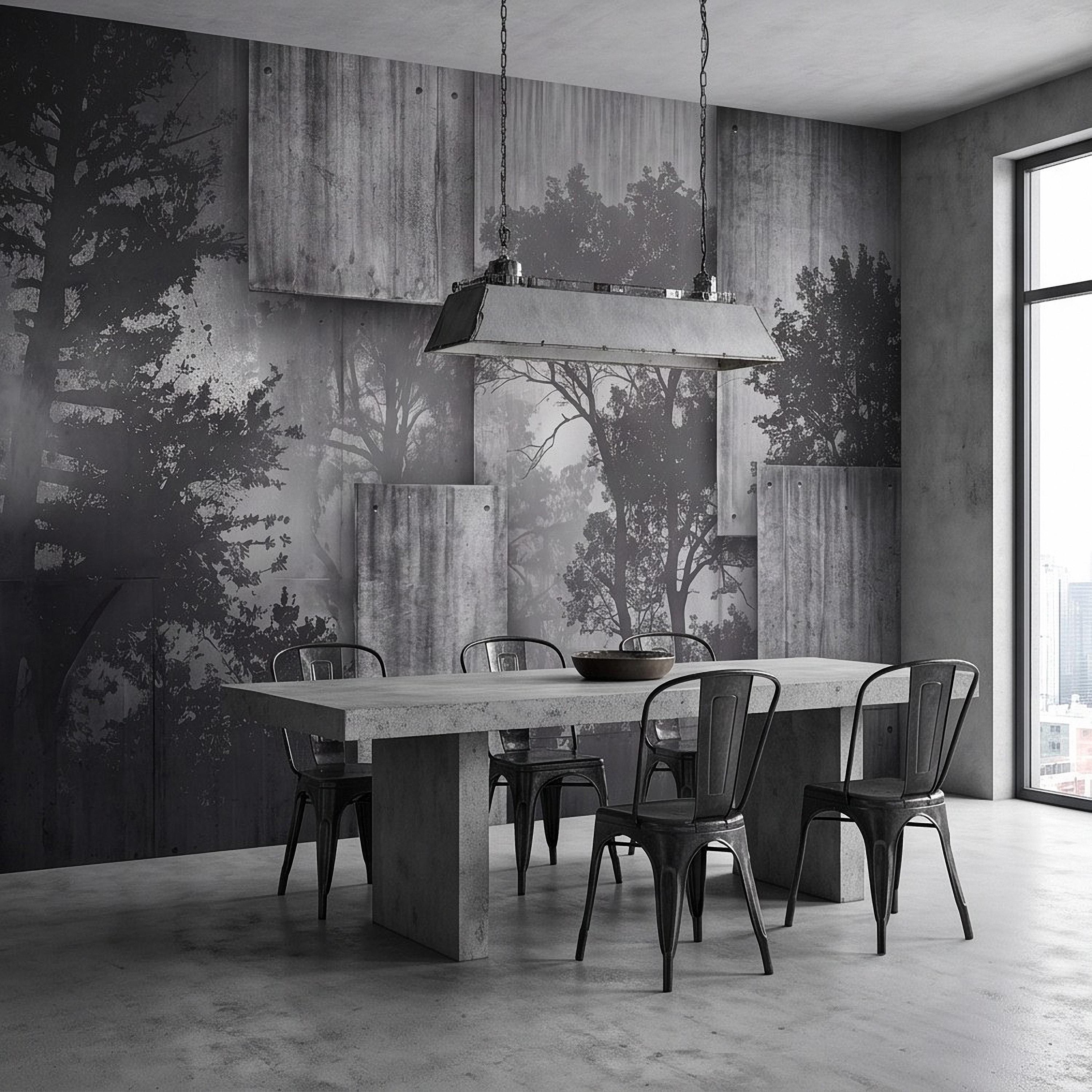 Industrial Concrete Peel and Stick Wall Mural, Layered Concrete Panels, Forest Silhouette, Modern Urban Wallpaper