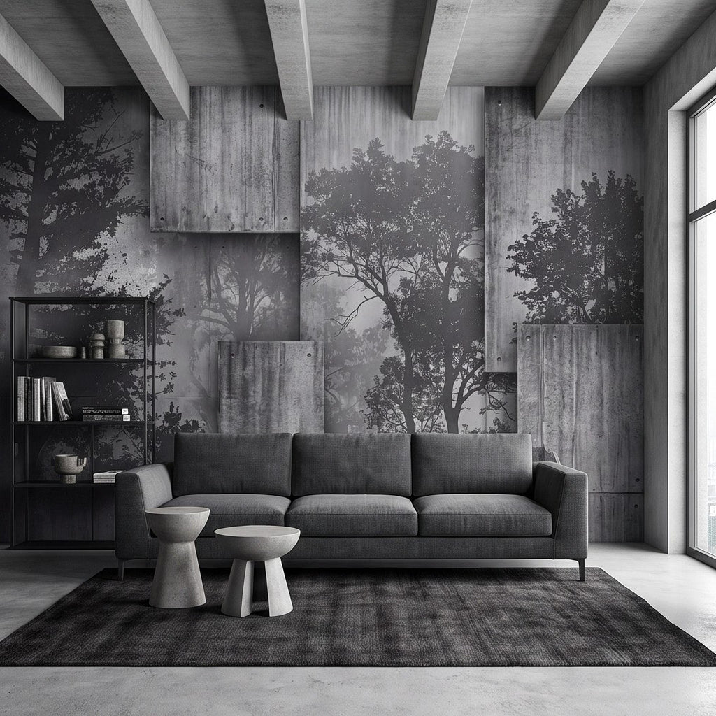 Industrial Concrete Peel and Stick Wall Mural, Layered Concrete Panels, Forest Silhouette, Modern Urban Wallpaper