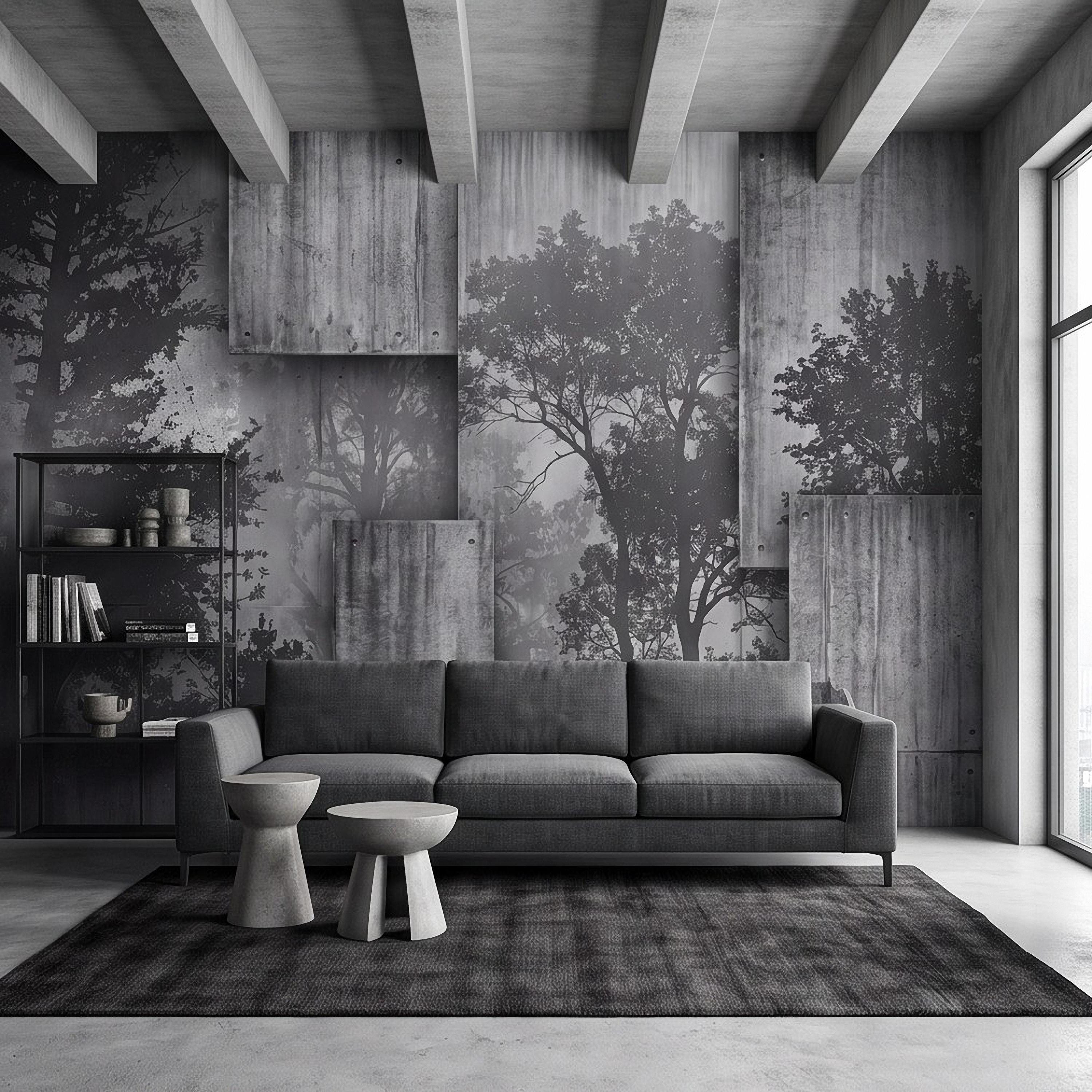 Industrial Concrete Peel and Stick Wall Mural, Layered Concrete Panels, Forest Silhouette, Modern Urban Wallpaper