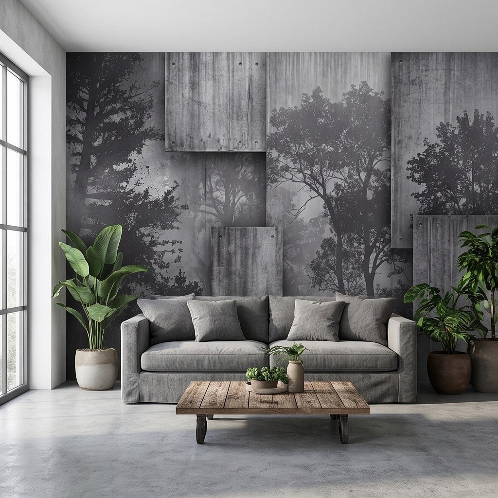 Industrial Concrete Peel and Stick Wall Mural, Layered Concrete Panels, Forest Silhouette, Modern Urban Wallpaper