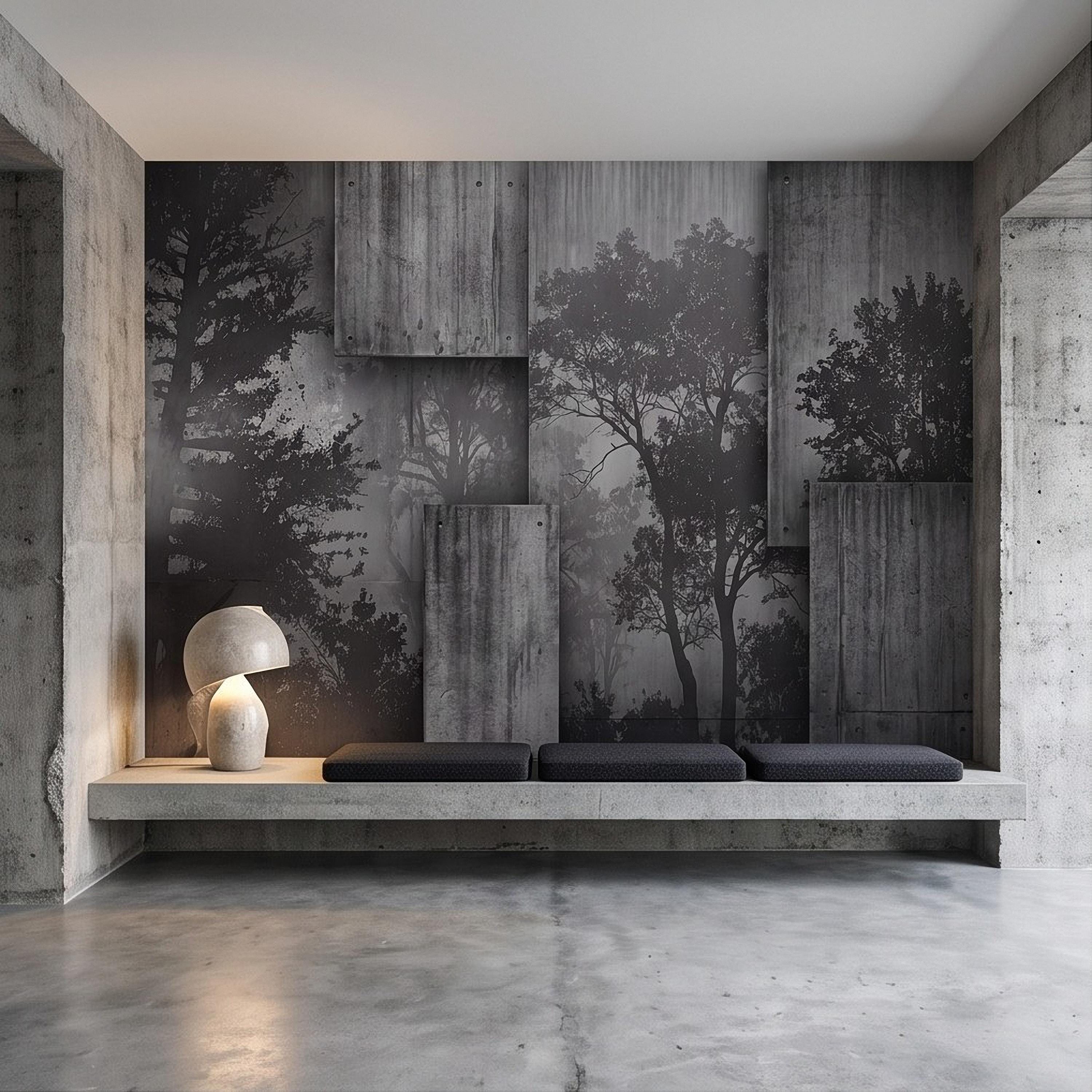 Industrial Concrete Peel and Stick Wall Mural, Layered Concrete Panels, Forest Silhouette, Modern Urban Wallpaper