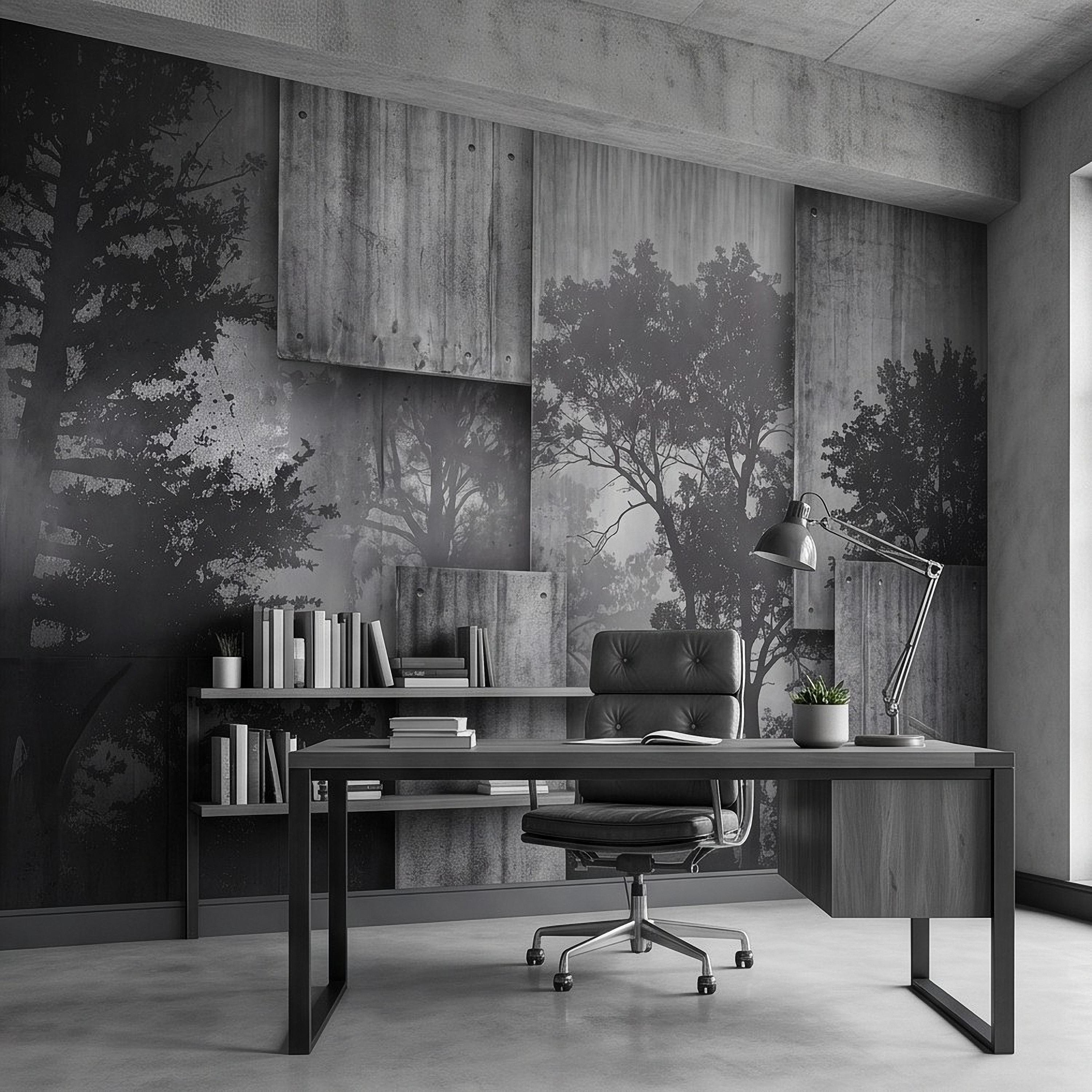 Industrial Concrete Peel and Stick Wall Mural, Layered Concrete Panels, Forest Silhouette, Modern Urban Wallpaper
