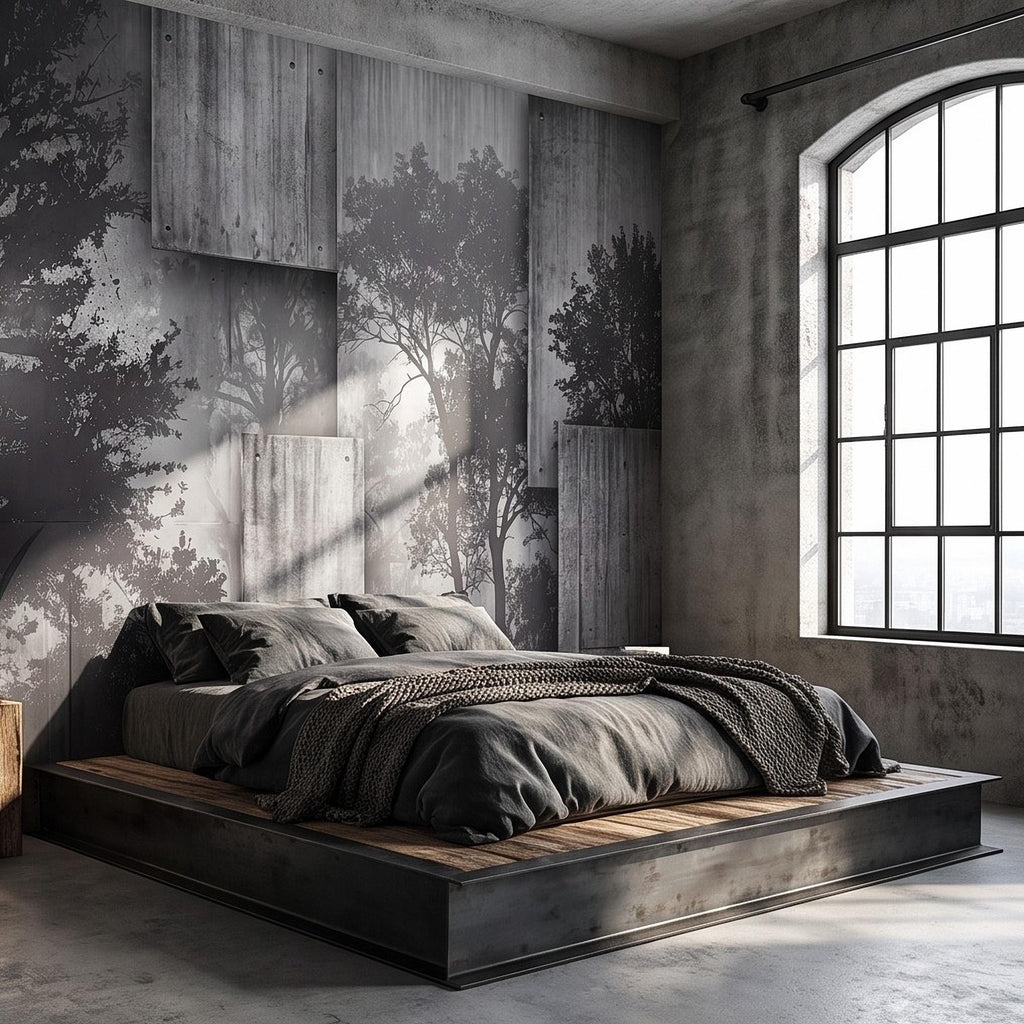 Industrial Concrete Peel and Stick Wall Mural, Layered Concrete Panels, Forest Silhouette, Modern Urban Wallpaper