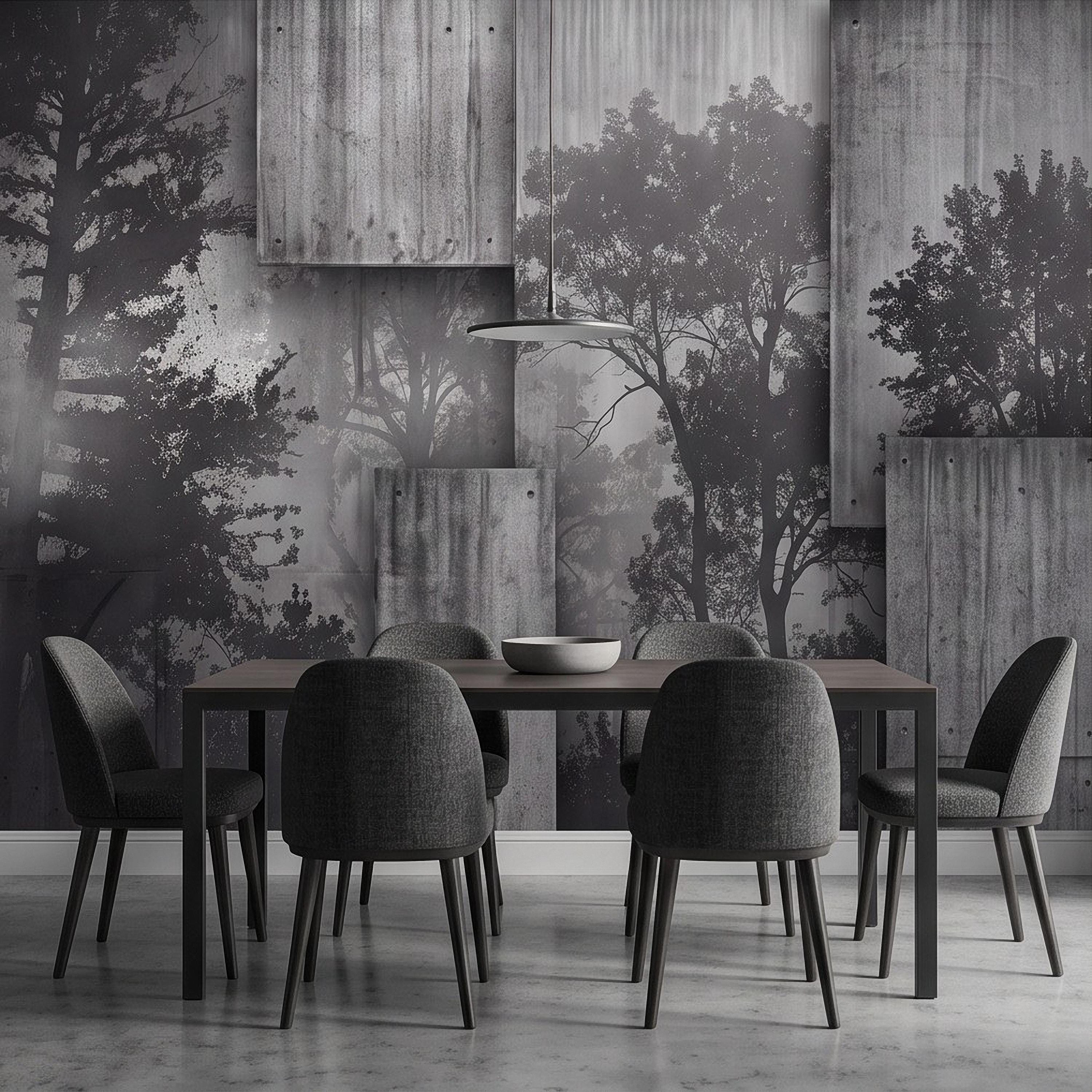 Industrial Concrete Peel and Stick Wall Mural, Layered Concrete Panels, Forest Silhouette, Modern Urban Wallpaper
