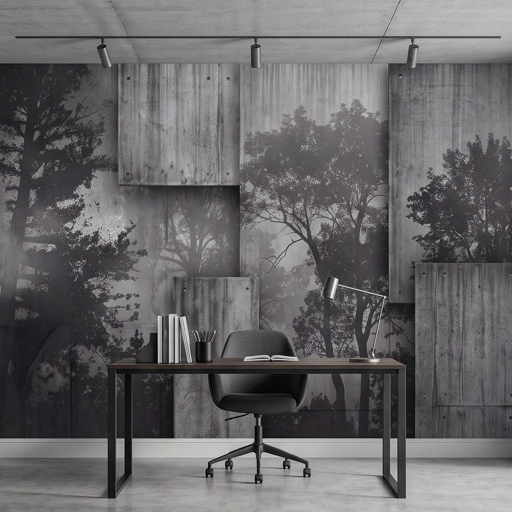Industrial Concrete Peel and Stick Wall Mural, Layered Concrete Panels, Forest Silhouette, Modern Urban Wallpaper