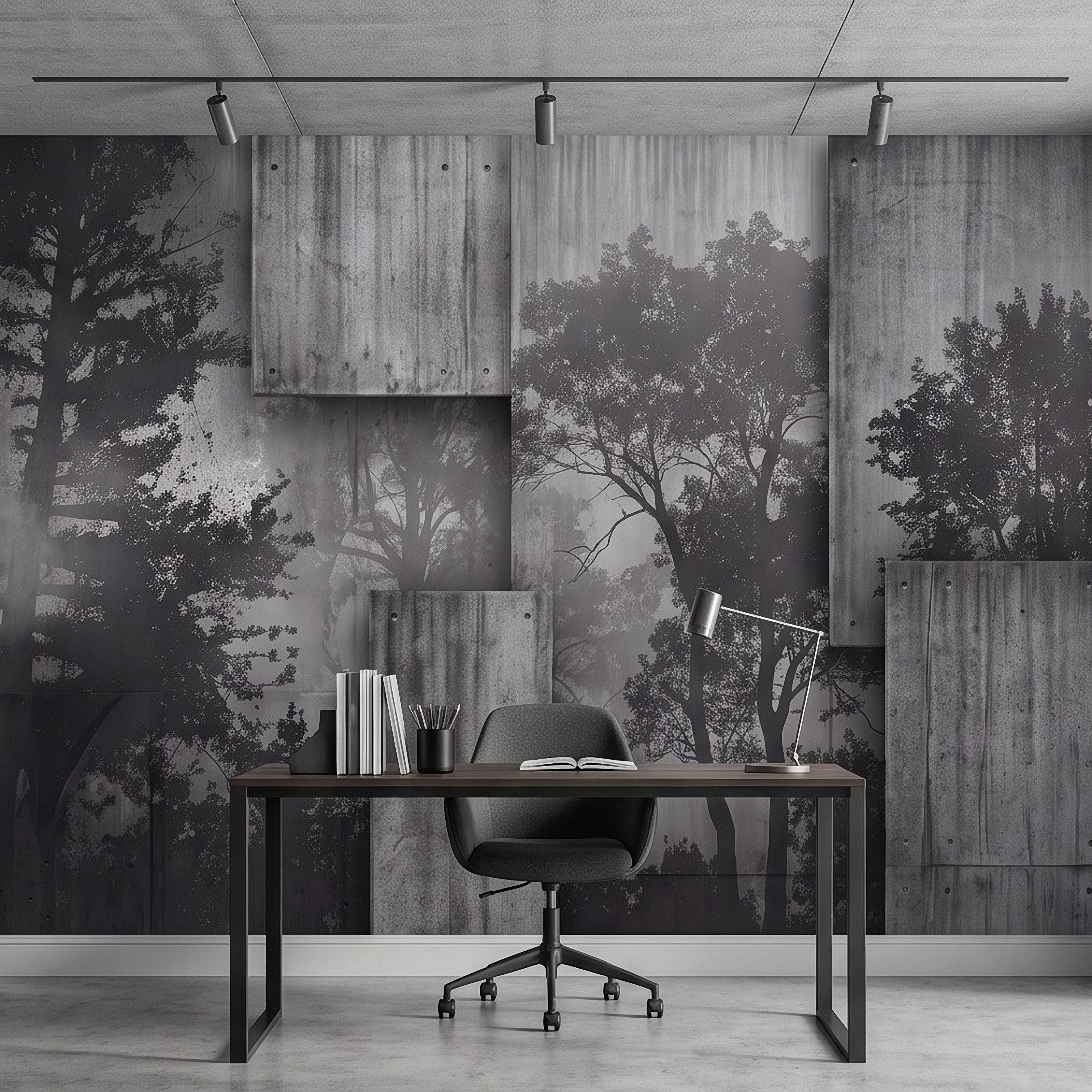 Industrial Concrete Peel and Stick Wall Mural, Layered Concrete Panels, Forest Silhouette, Modern Urban Wallpaper