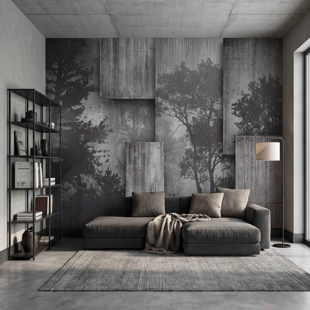 Industrial Concrete Peel and Stick Wall Mural, Layered Concrete Panels, Forest Silhouette, Modern Urban Wallpaper