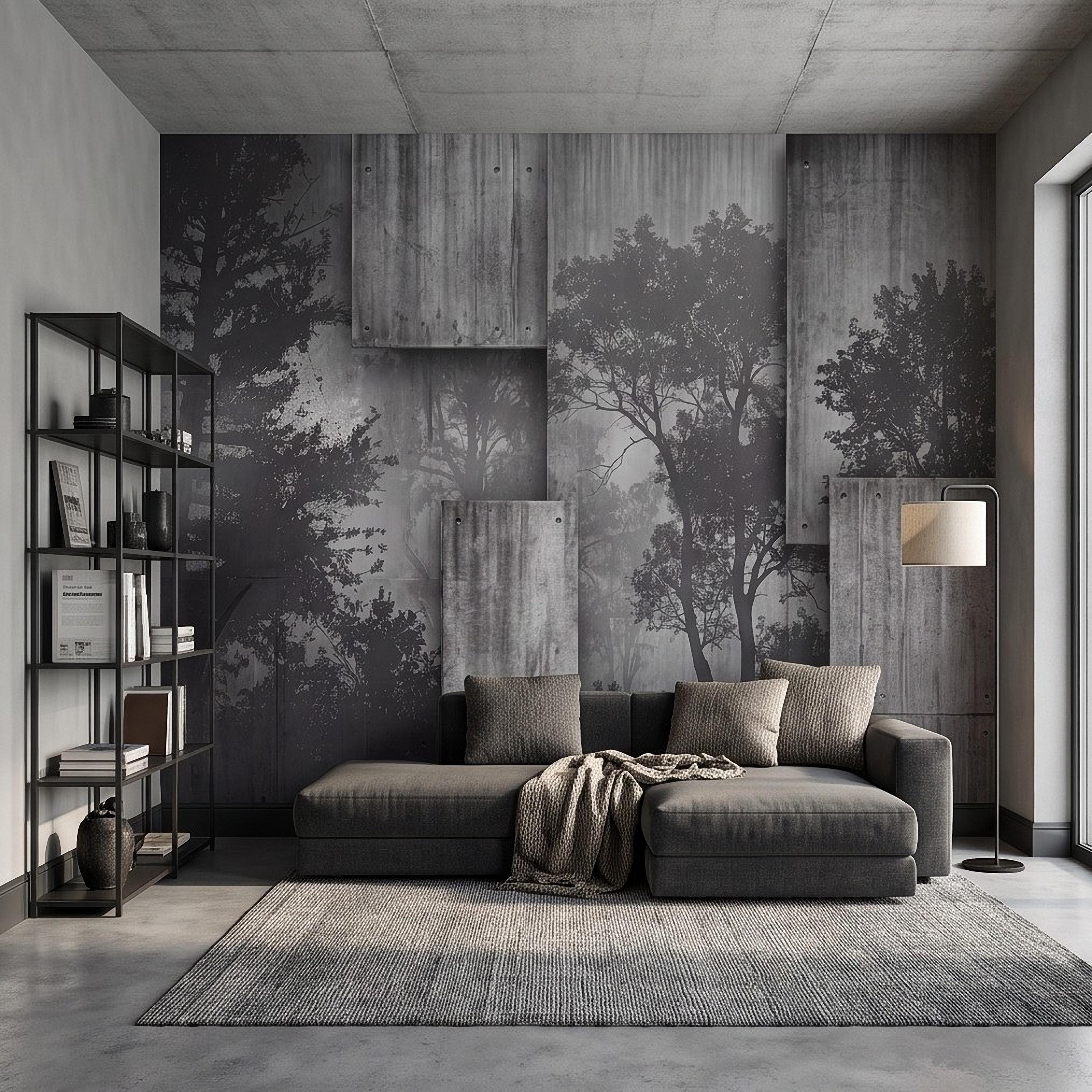 Industrial Concrete Peel and Stick Wall Mural, Layered Concrete Panels, Forest Silhouette, Modern Urban Wallpaper