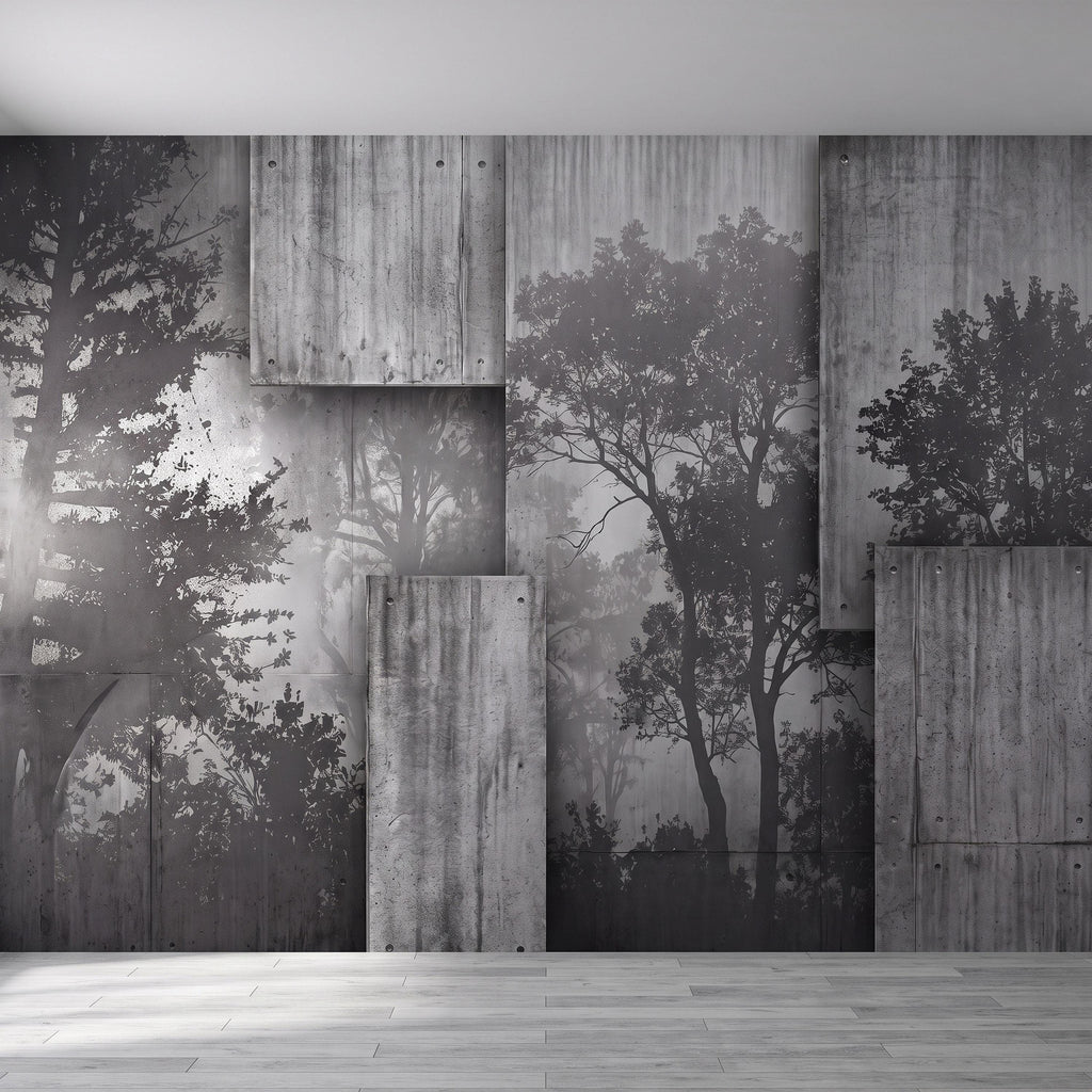 Industrial Concrete Peel and Stick Wall Mural, Layered Concrete Panels, Forest Silhouette, Modern Urban Wallpaper