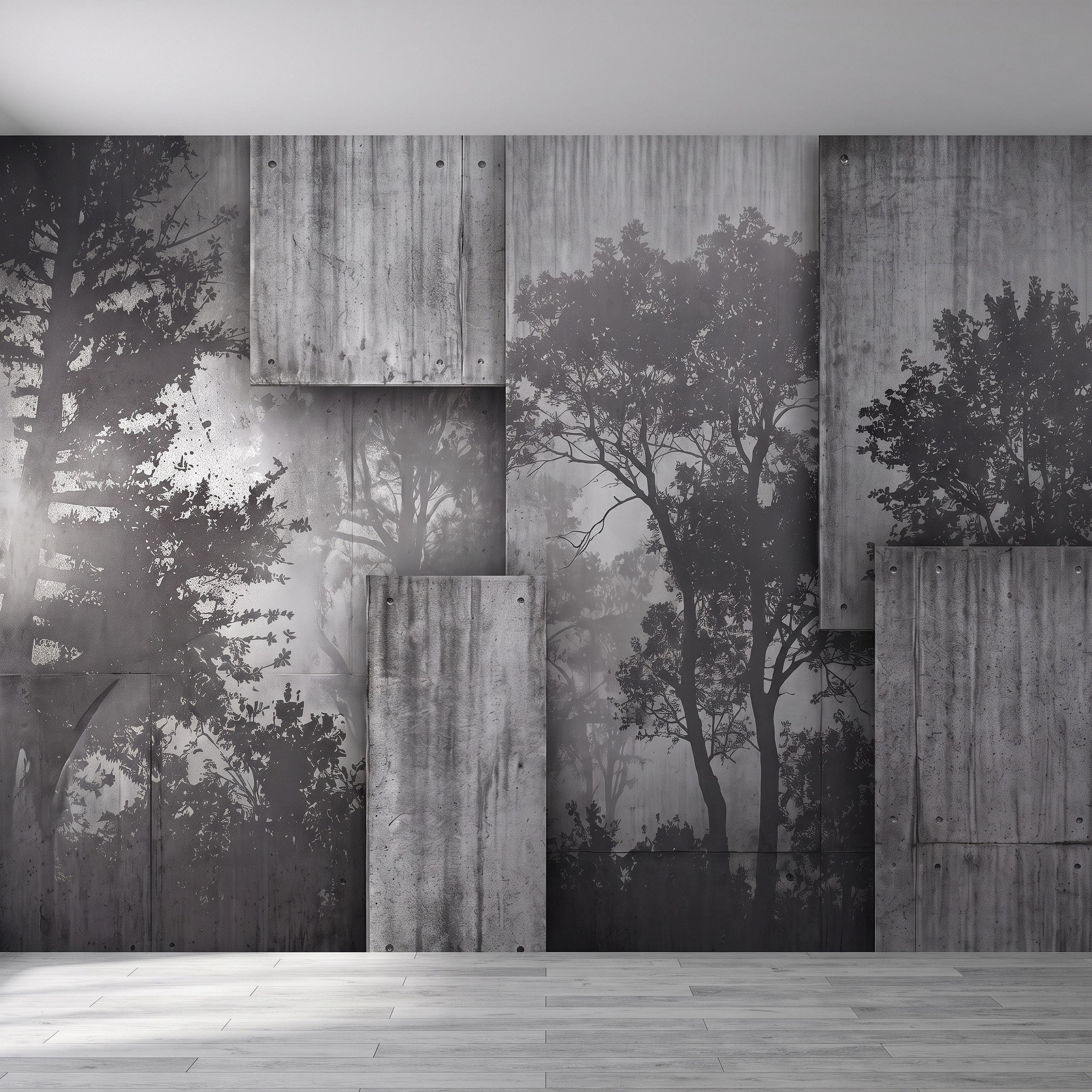 Industrial Concrete Peel and Stick Wall Mural, Layered Concrete Panels, Forest Silhouette, Modern Urban Wallpaper