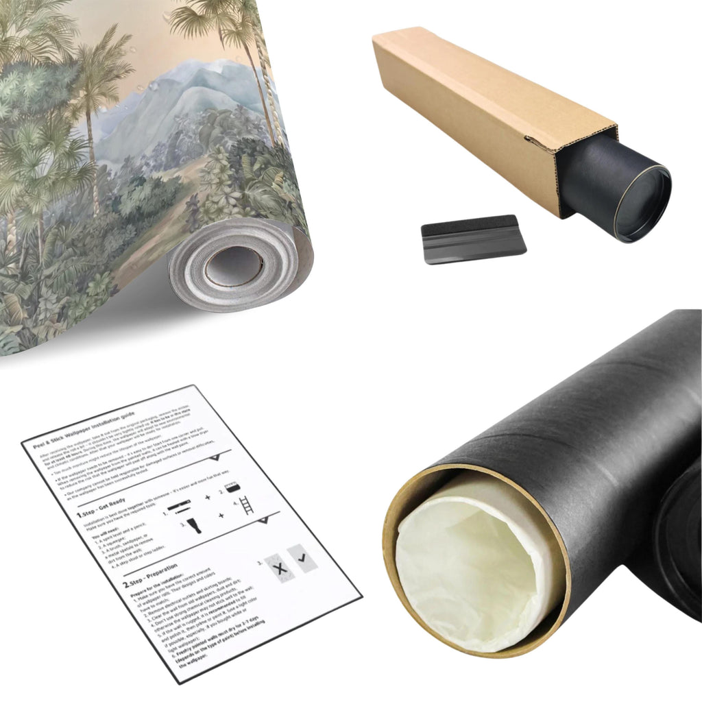 Tropical Palm Landscape Peel and Stick Wall Mural, Misty Jungle Mountains Botanical Scenic Nature Wallpaper