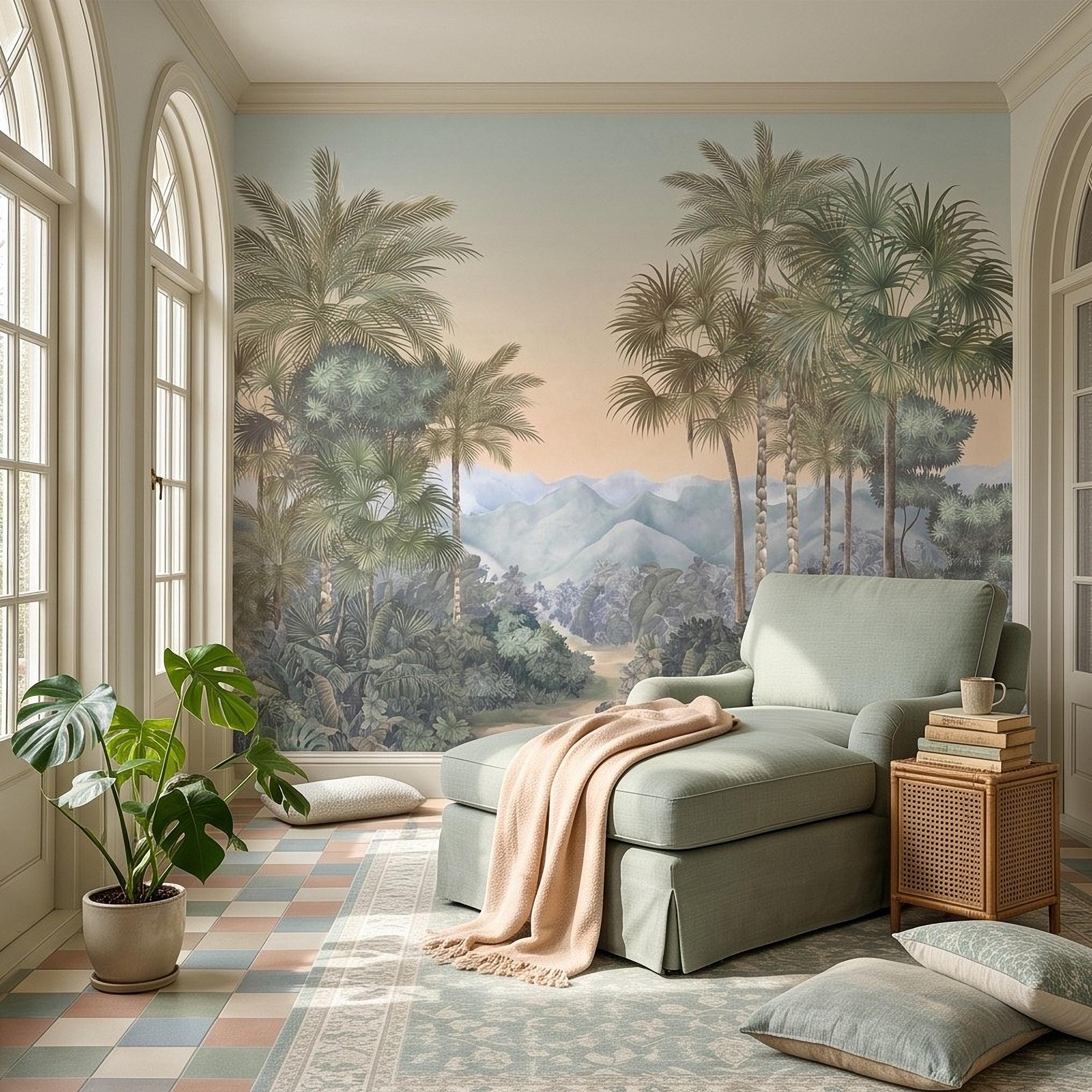 Tropical Palm Landscape Peel and Stick Wall Mural, Misty Jungle Mountains Botanical Scenic Nature Wallpaper