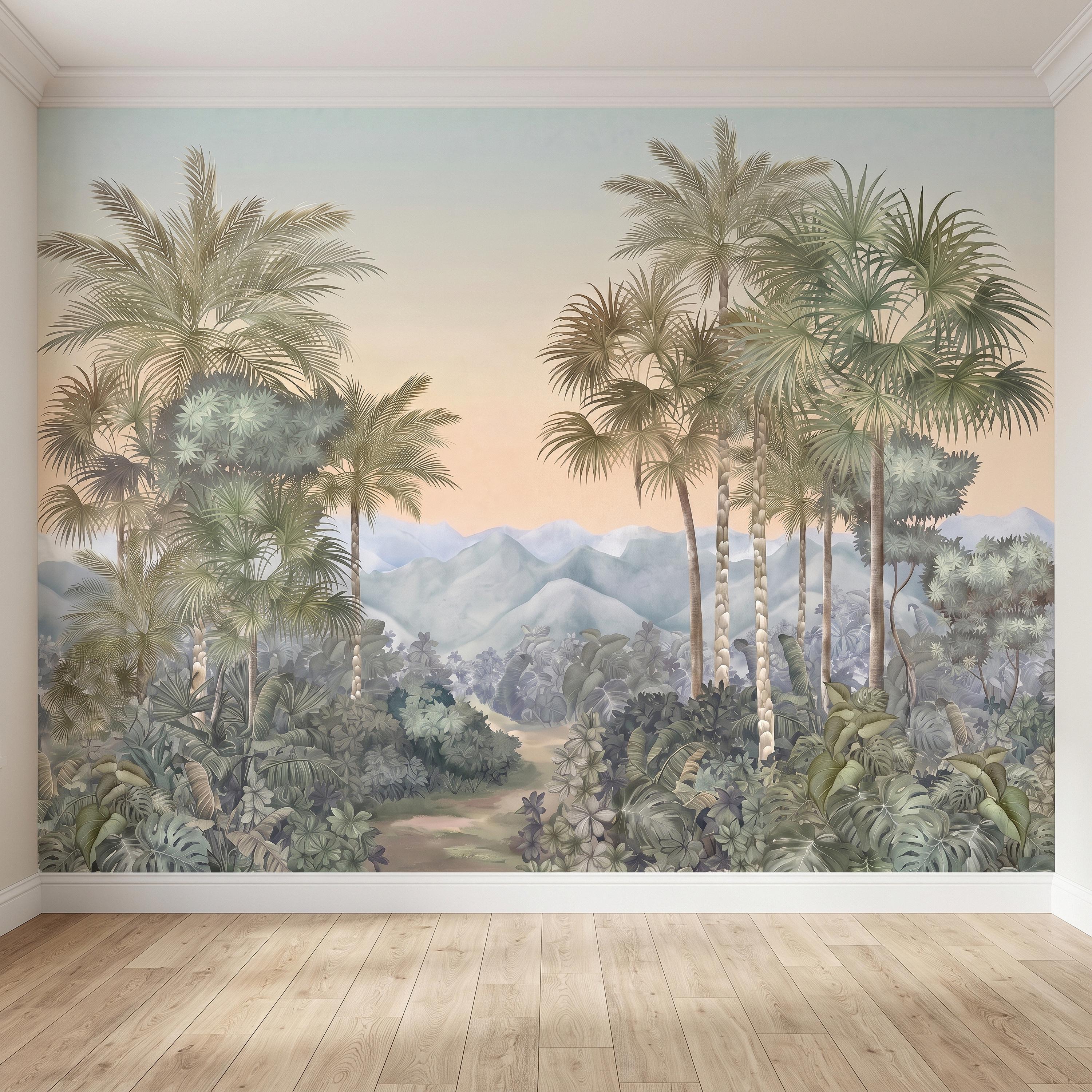 Tropical Palm Landscape Peel and Stick Wall Mural, Misty Jungle Mountains Botanical Scenic Nature Wallpaper