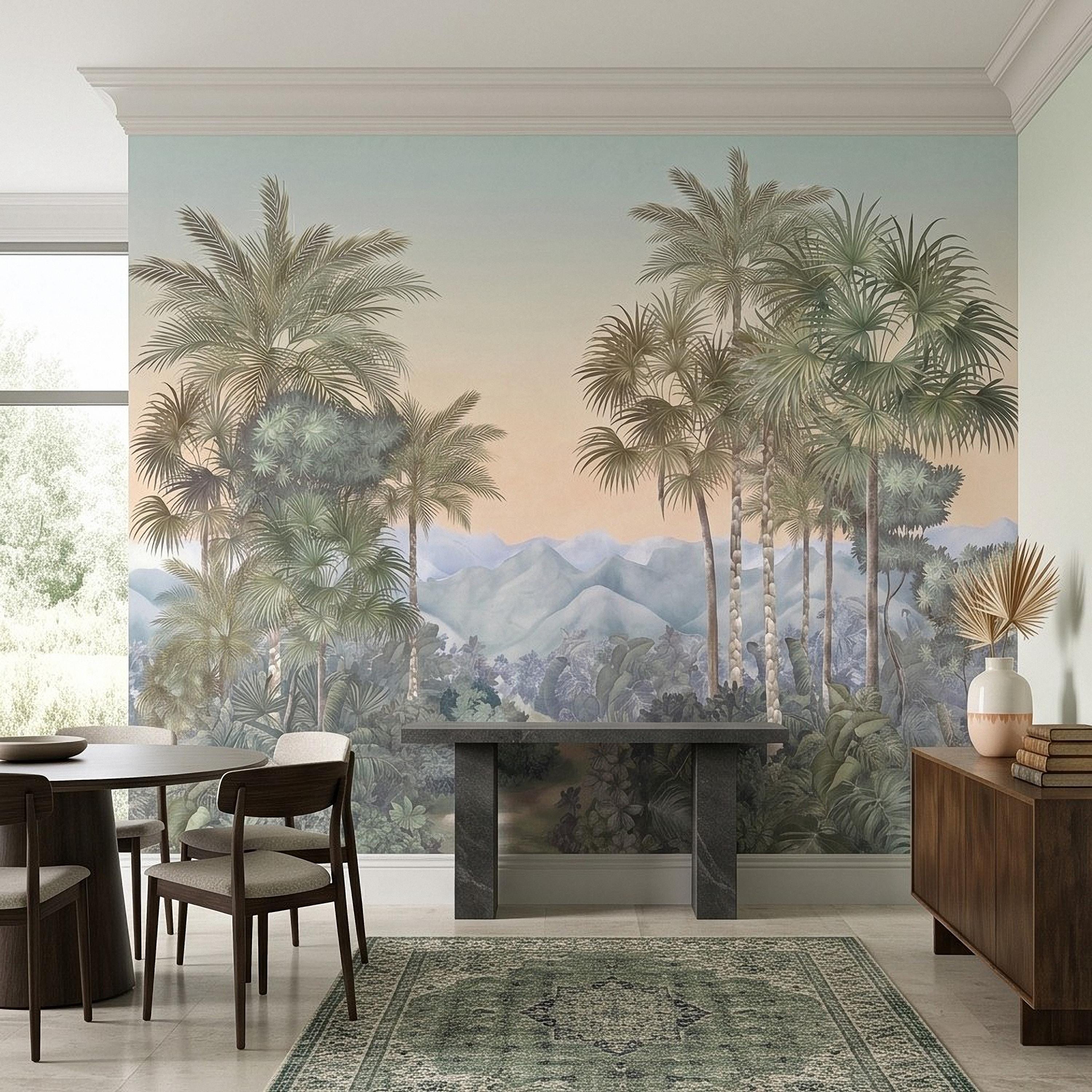 Tropical Palm Landscape Peel and Stick Wall Mural, Misty Jungle Mountains Botanical Scenic Nature Wallpaper