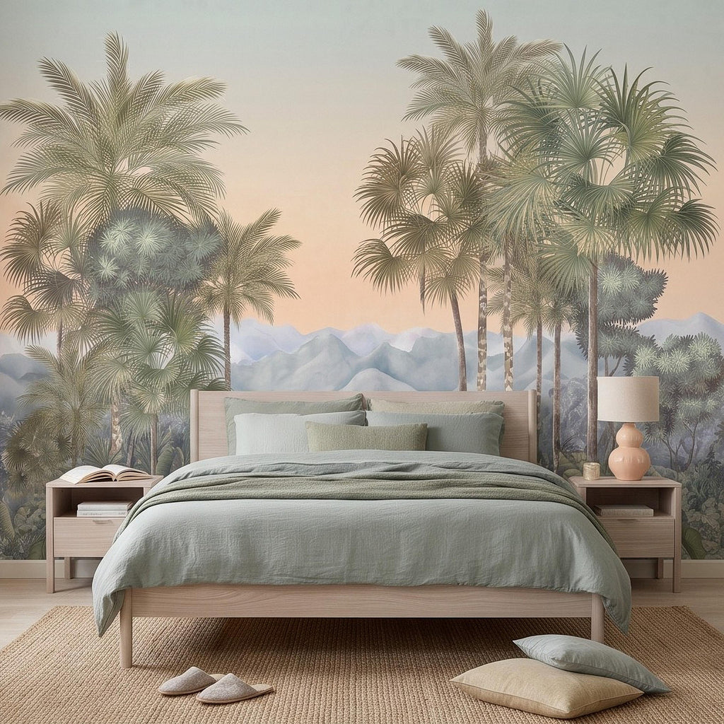 Tropical Palm Landscape Peel and Stick Wall Mural, Misty Jungle Mountains Botanical Scenic Nature Wallpaper