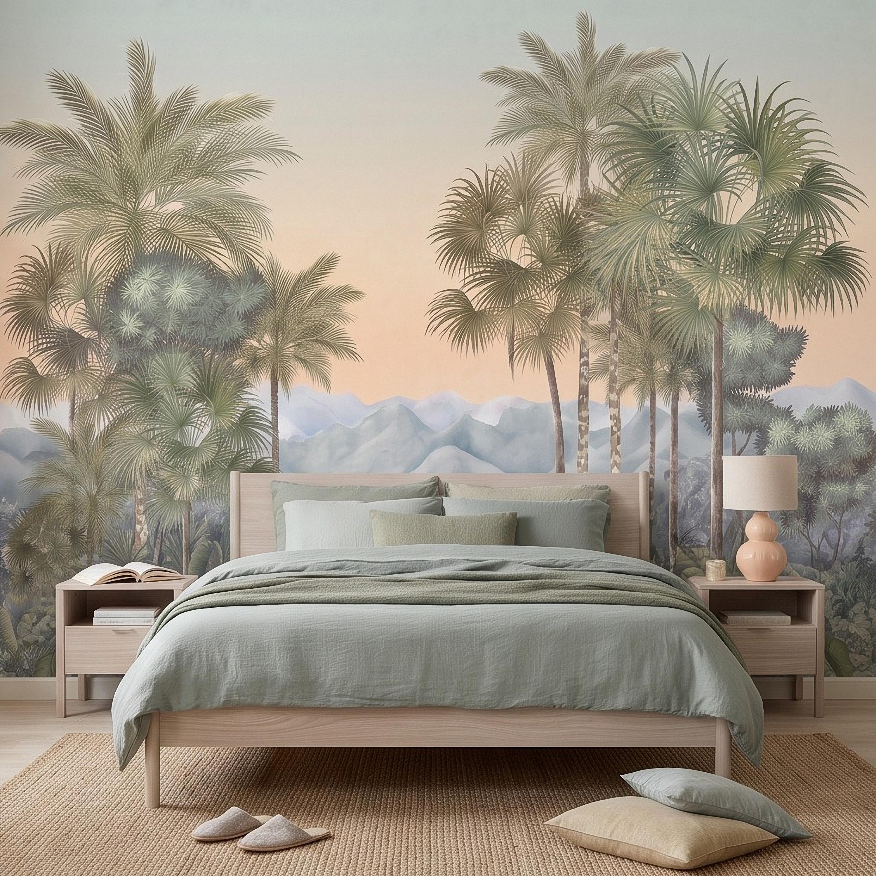 Tropical Palm Landscape Peel and Stick Wall Mural, Misty Jungle Mountains Botanical Scenic Nature Wallpaper