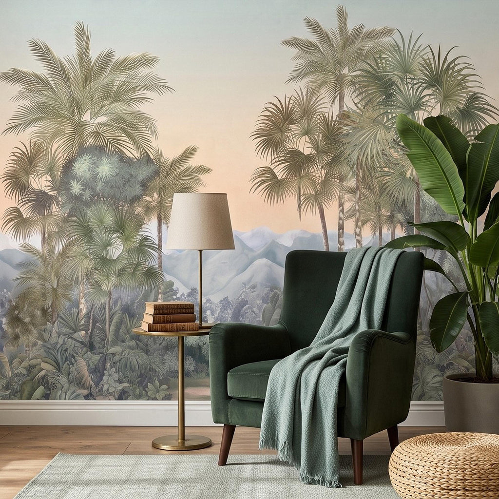 Tropical Palm Landscape Peel and Stick Wall Mural, Misty Jungle Mountains Botanical Scenic Nature Wallpaper
