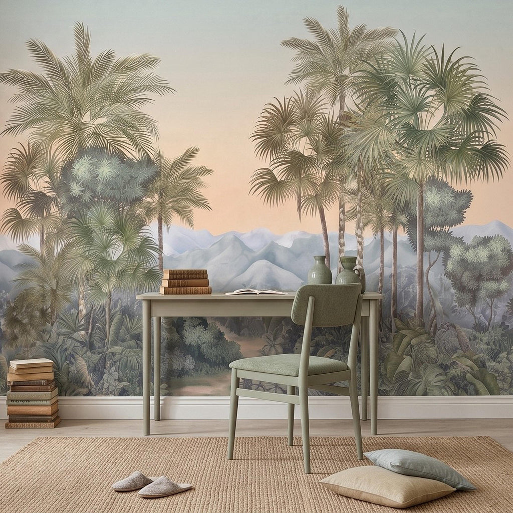 Tropical Palm Landscape Peel and Stick Wall Mural, Misty Jungle Mountains Botanical Scenic Nature Wallpaper