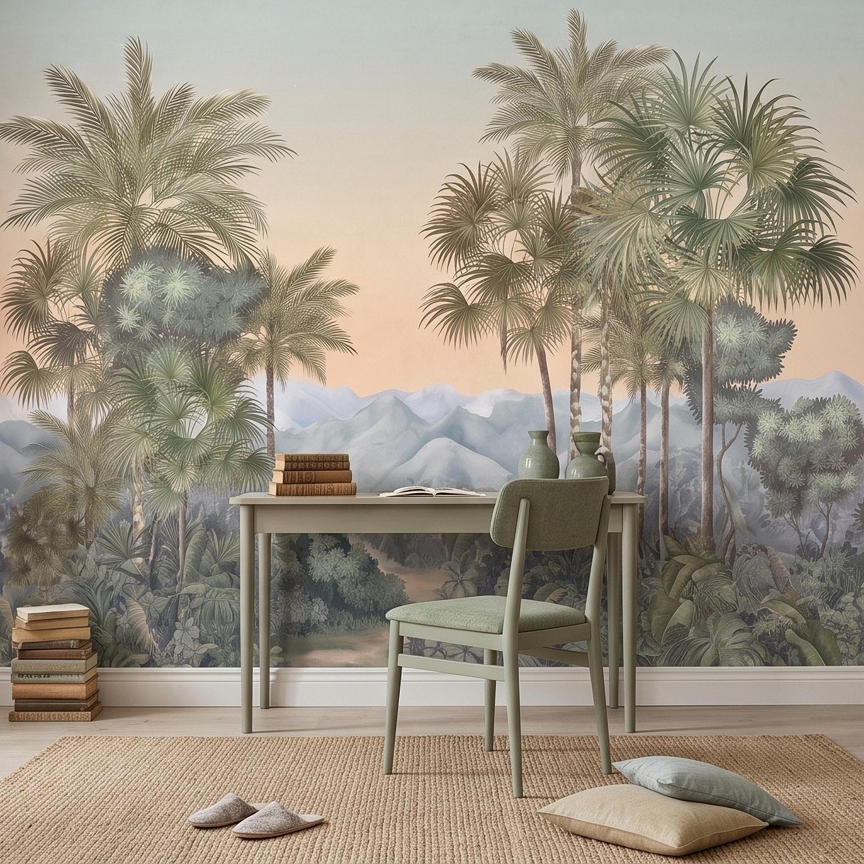 Tropical Palm Landscape Peel and Stick Wall Mural, Misty Jungle Mountains Botanical Scenic Nature Wallpaper