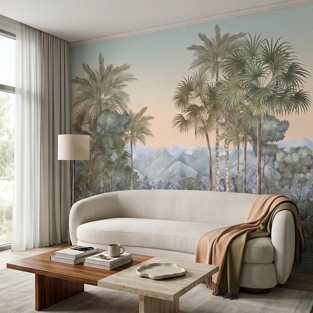 Tropical Palm Landscape Peel and Stick Wall Mural, Misty Jungle Mountains Botanical Scenic Nature Wallpaper