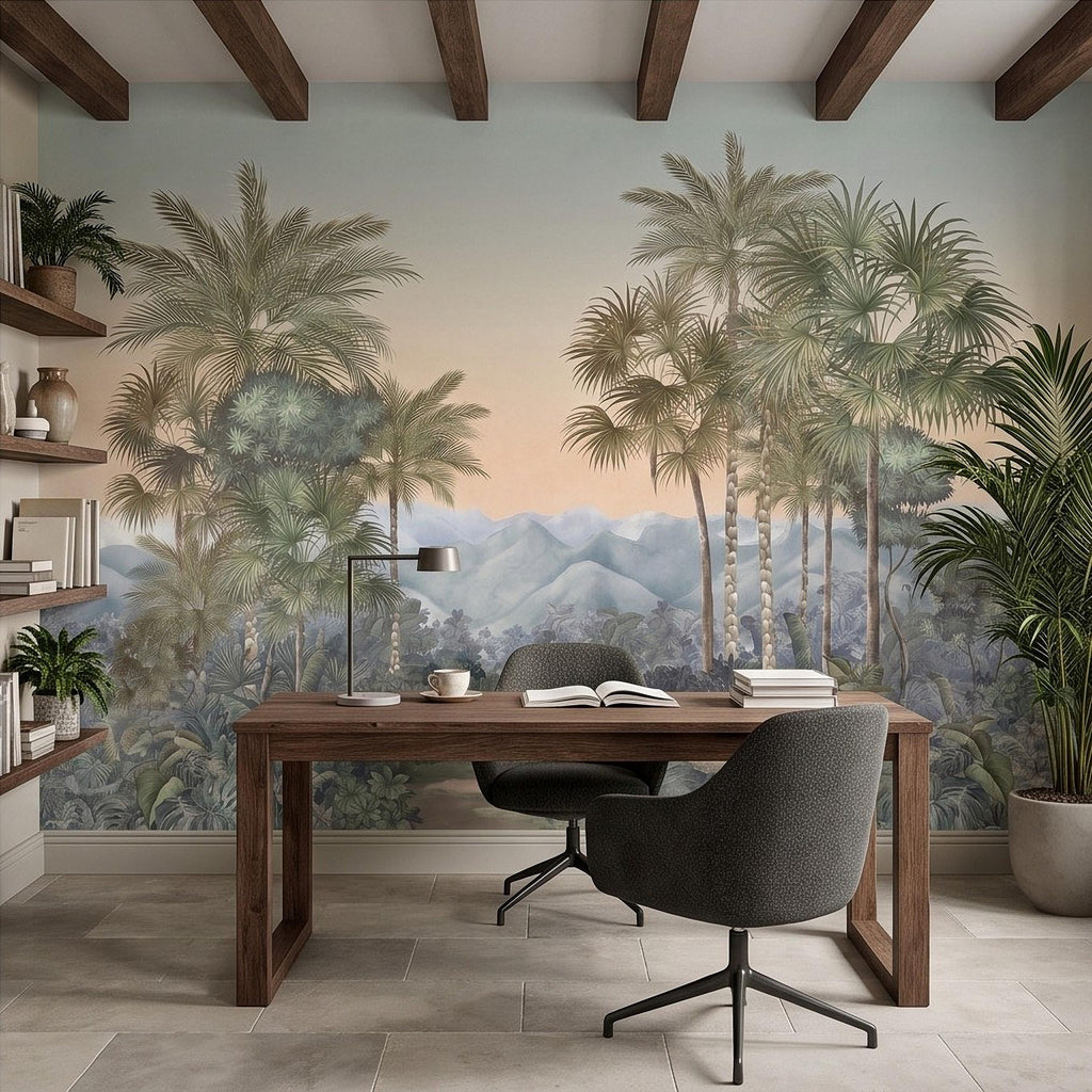 Tropical Palm Landscape Peel and Stick Wall Mural, Misty Jungle Mountains Botanical Scenic Nature Wallpaper